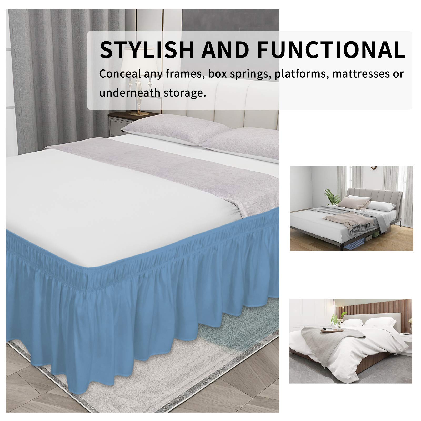 16 Inch Drop Light Blue Elastic Wrap Around Bed Skirt for Queen Size Beds - Wrinkle & Fade Resistant Silky Luxurious Fabric, Easy Fit Machine Washable Dust Ruffle - Perfect for Master Bedrooms, Guest Rooms & Hotel Decor