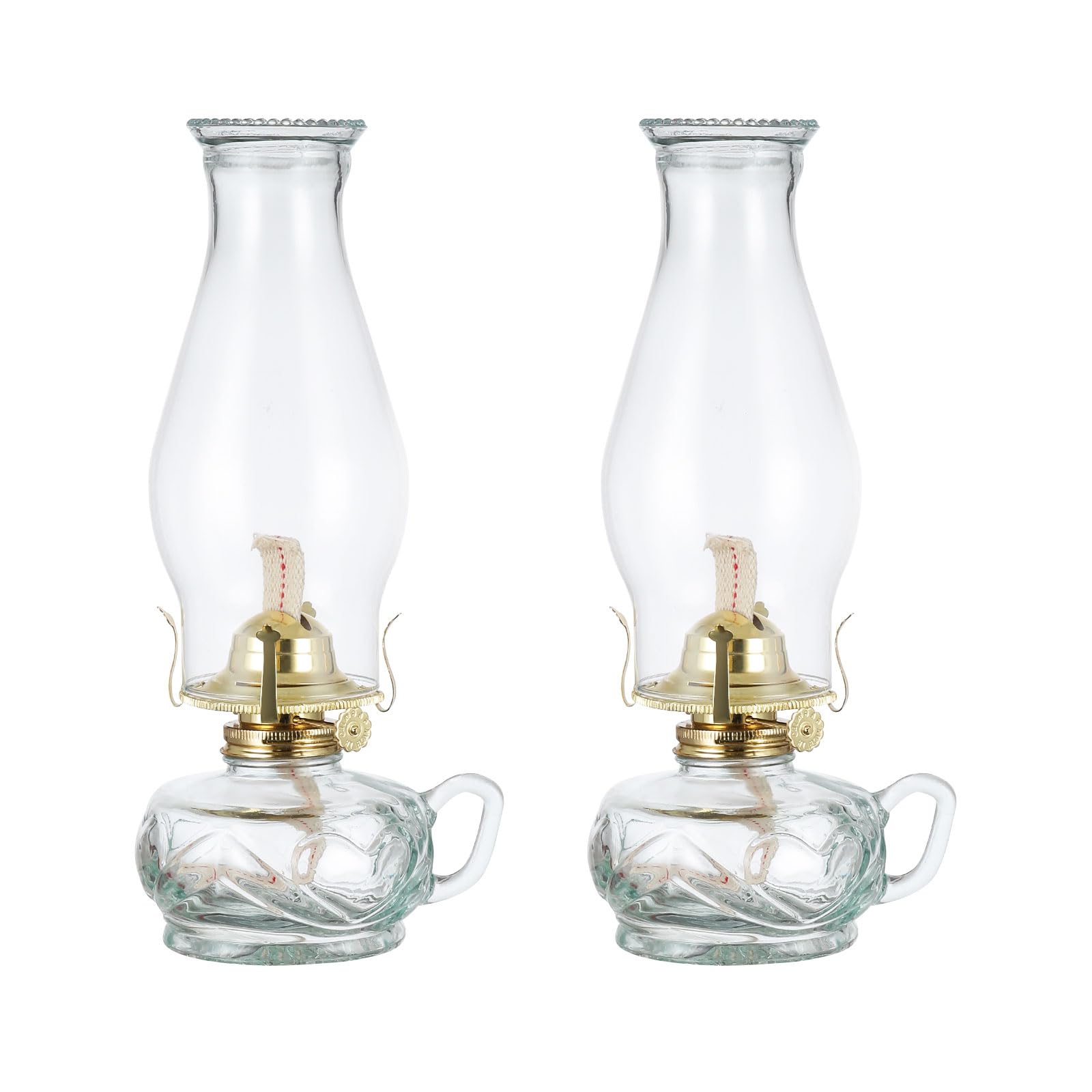 Vintage Kerosene Oil Lamp 2 Pack - 12.2 Inch Rustic Glass Hurricane Lantern with Handle & 7/8 Inch Wick - Indoor Home Decor, Emergency Lighting, Camping, Power Outages, Romantic Dinner Ambience