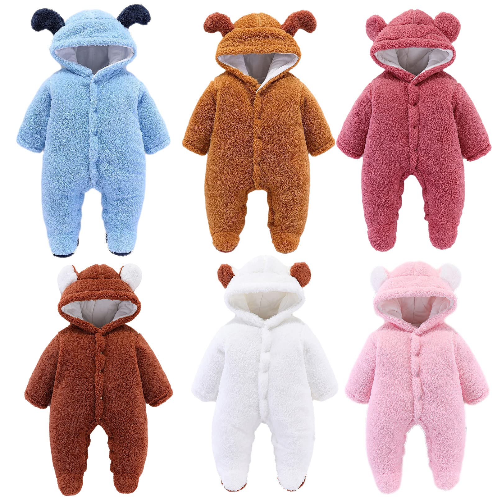 Baby Boy & Girl Fleece Hooded Jumpsuit with Cute Ears - Sherpa-Lined Button/Zipper Romper for Fall & Winter - Cozy Long Sleeve Outfit for Playdates, Family Photos & Outdoor Adventures