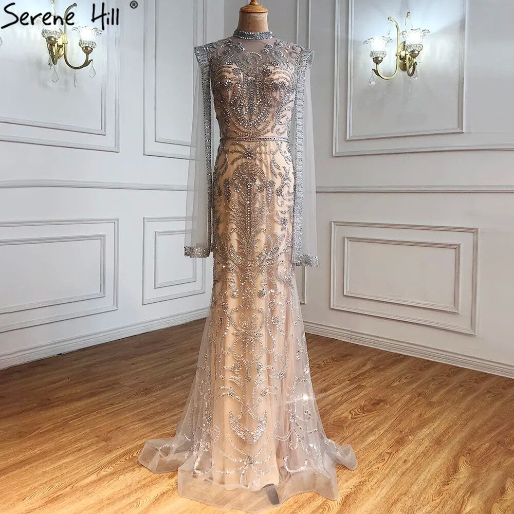 Serene Hill Luxury Grey Nude Mermaid Evening Dress with Cape - Elegant Beaded Gown for Women 2025 | Perfect for Prom, Wedding, and Red Carpet Events - LA71027