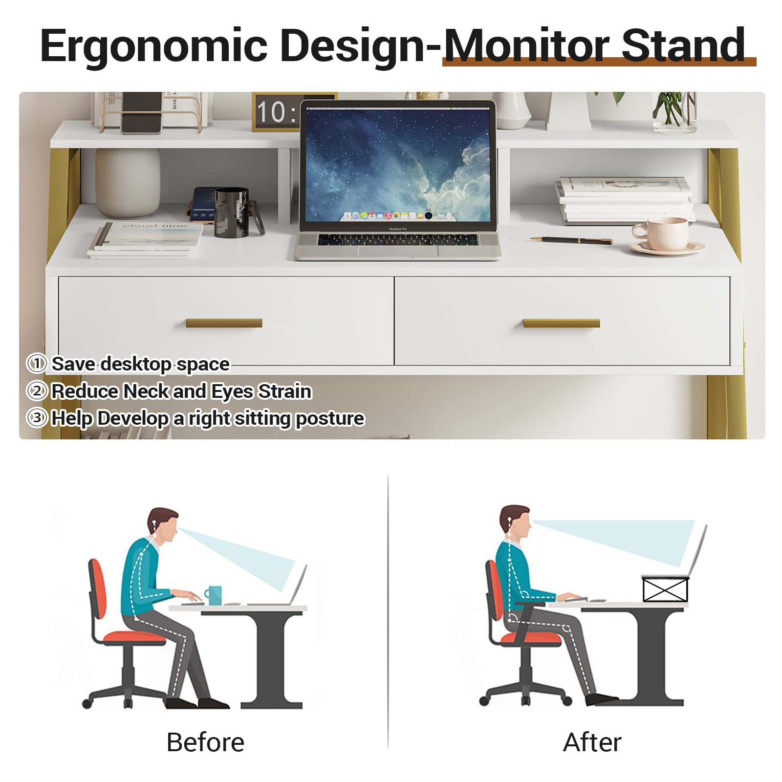 Tiptiper 41 Inch Modern Computer Desk with Drawers & Storage Shelf - White and Gold Home Office Desk with Monitor Stand, Study Writing Table, Laptop PC Workstation (Perfect for Small Spaces, Home Office, Gaming Setup & Remote Work)