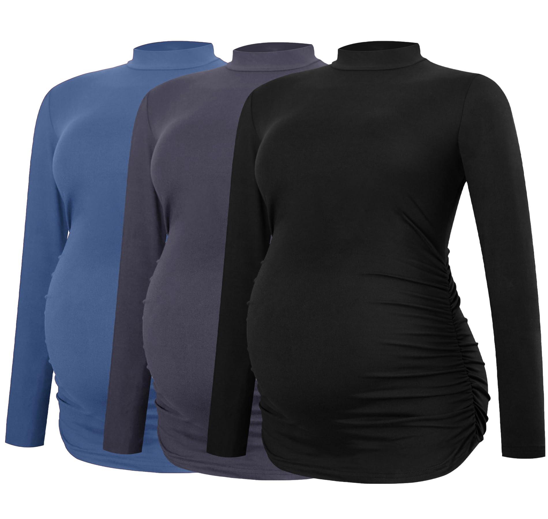 Smallshow Women's Maternity Shirts - 3 Pack Soft Cotton Crew Neck Long Sleeve Pregnancy Tops for Comfortable Everyday Wear at Work & Home