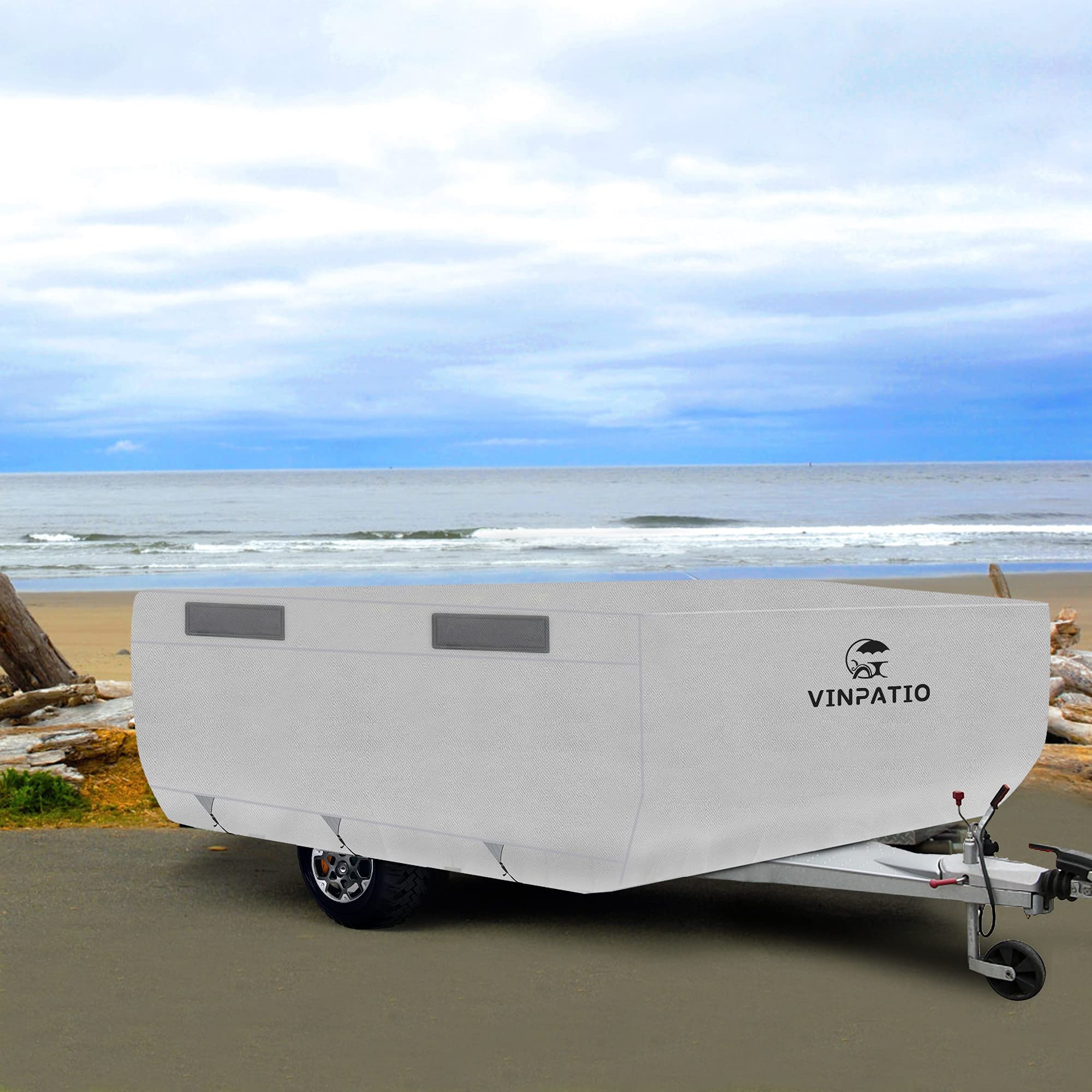 3 Layer Waterproof Pop Up Camper Cover - Heavy Duty Folding Trailer Cover Fits 8'-10' RV Campers (Grey) | All Weather Protection for Outdoor Camping & Storage