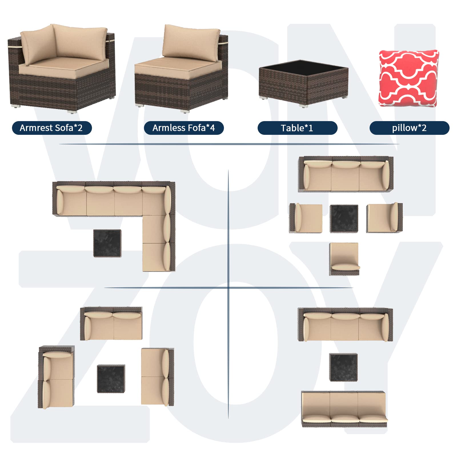 7-Piece Outdoor Patio Furniture Set - PE Rattan Wicker Sectional Sofa with 6 Seat Cushions & Tempered Glass Table - Brown Conversation Set for Garden, Backyard, Poolside (Includes Furniture Cover)