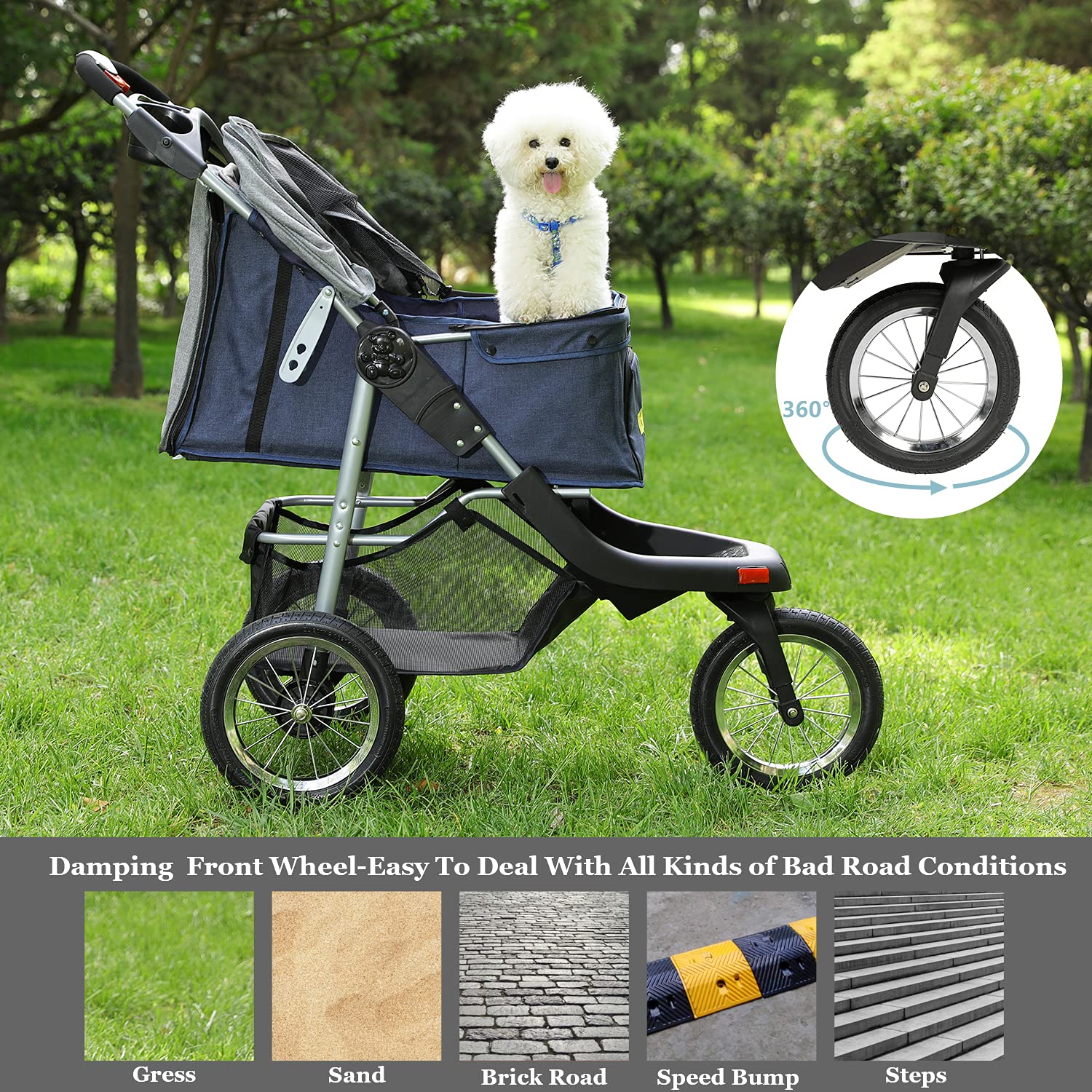 VIAGDO Premium Heavy Duty Pet Stroller for Small & Medium Dogs & Cats - 3-Wheel Foldable Dog & Cat Carrier with Suspension System, Link Brake & One-Hand Fold - Supports Up to 55 lbs (Blue & Grey) - Perfect for Vet Visits, Outdoor Walks & Travel
