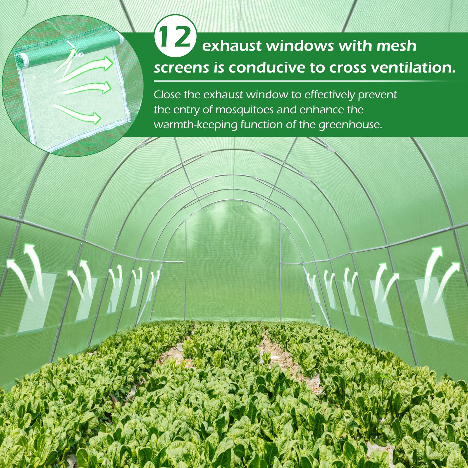 MELLCOM 26' x 10' x 6.6' Walk-in Greenhouse with Reinforced Metal Frame & 12 Ventilation Windows - Durable Outdoor Greenhouse for Gardening, Plant Growing & Backyard Use