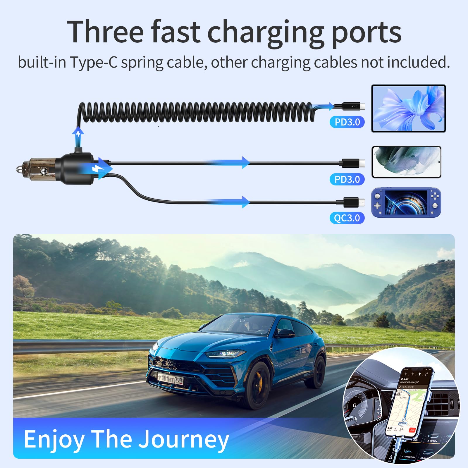110W USB C Car Charger Fast Charging with 5.7ft Retractable Coiled Cable - Dual Port PD 3.0 QC 4.0 Car Phone Charger for iPhone 16/15 Pro Max/Plus, iPad, Samsung Galaxy S24/S23/S22, Google Pixel, Android Devices - Perfect for Road Trips & Daily Commute