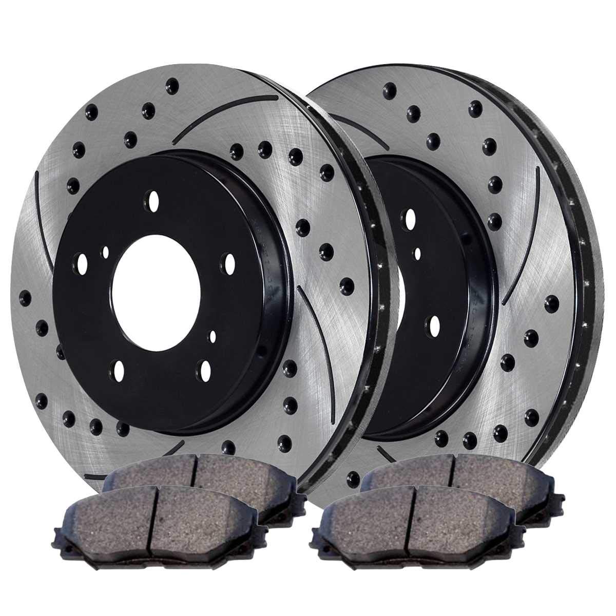 IINAWO Drilled & Slotted Brake Rotors with Ceramic Pads - Compatible with 2009-2011 Toyota Corolla, Matrix, 2008-2011 Scion xD, 2009-2010 Pontiac Vibe - High Performance Braking for City Driving & Highway Commutes