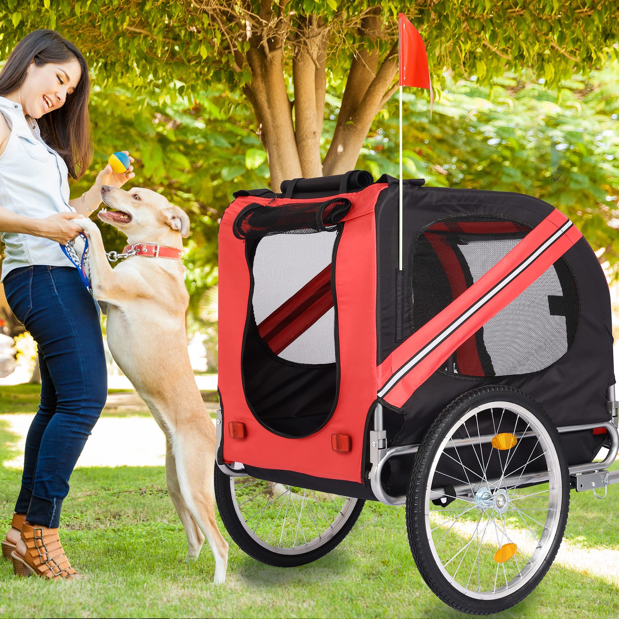Foldable Bike Dog Trailer with 3 Entry Points - Safety Flag & 8 Reflectors, 20