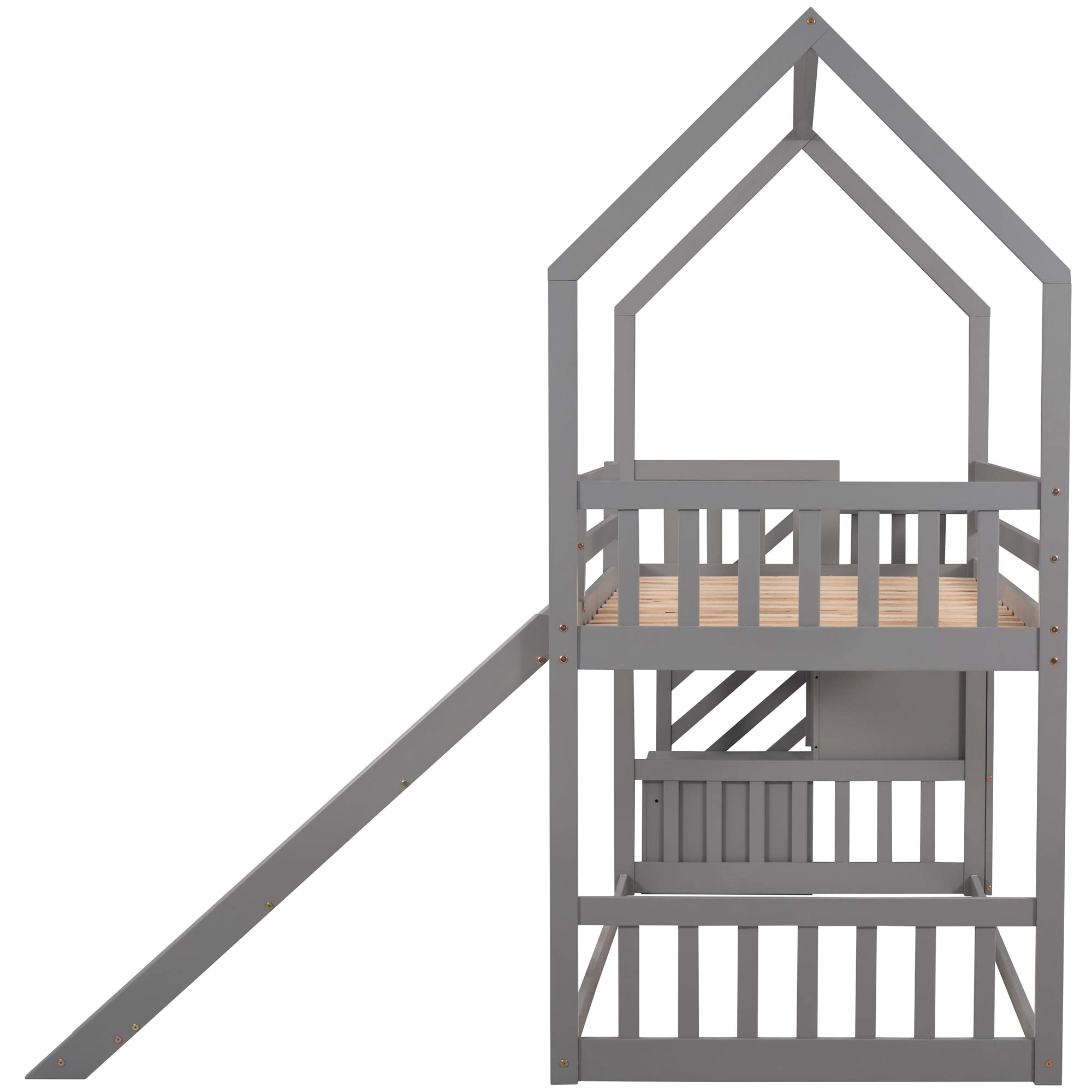 Twin Over Twin Wooden Bunk Bed with Slide, 2 Drawers, Roof & Guardrails - No Box Spring Needed - Perfect for Kids, Teens & Family Bedrooms (Gray)