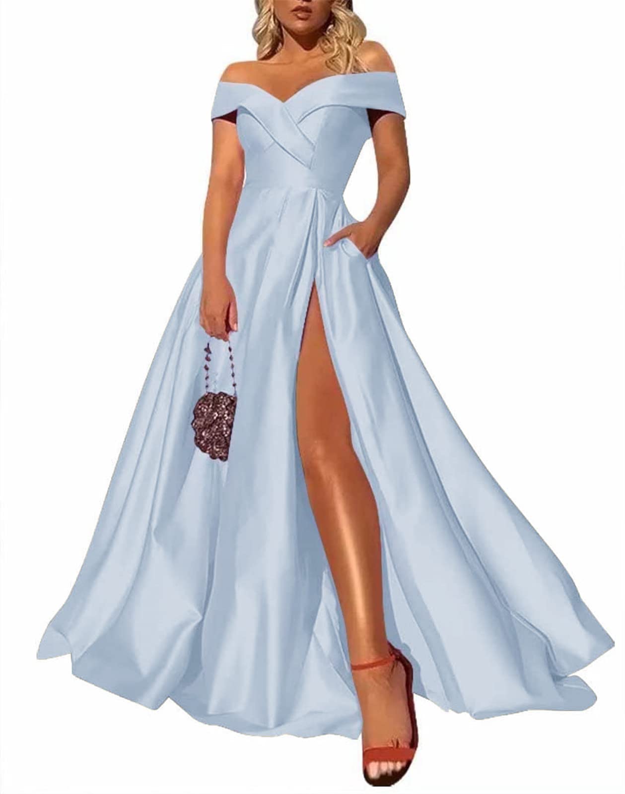MUEELOE Women's Off Shoulder Long Prom Dress - Elegant Satin Ball Gown with Thigh High Slit & Pockets - Perfect for Homecoming, Evening Gala & Formal Events