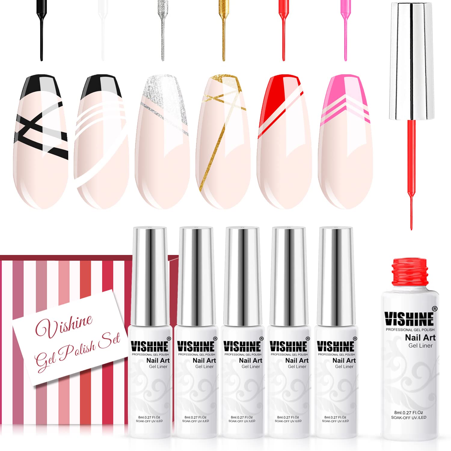 Vishine 6 Colors Gel Nail Polish Set - White, Black, Pink, Glitter, Silver, Gold Soak Off UV LED Nail Art Liner with Built-in Thin Brush for DIY Nail Designs (8ml) | Perfect for Salon, Home Manicure & Nail Art Enthusiasts