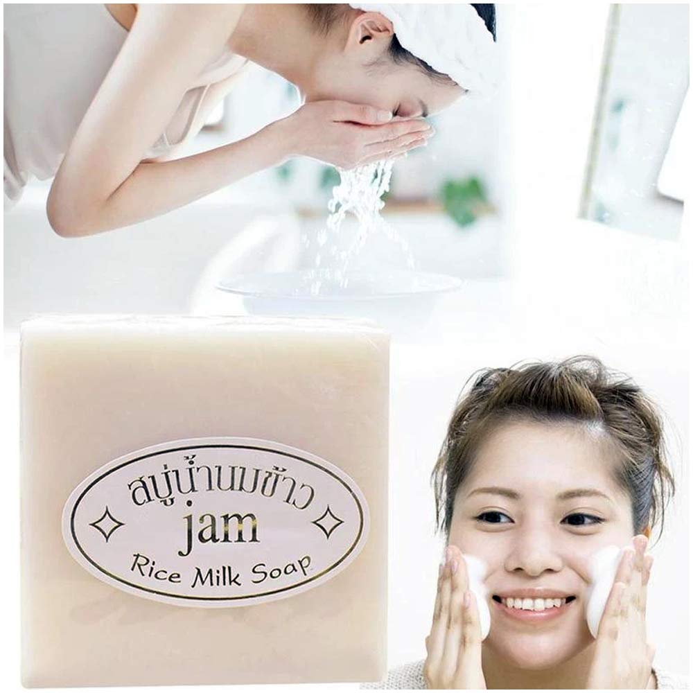 Jam Rice Milk Soap with Collagen for Skin Brightening & Dark Spot Removal (60g) - Gentle Exfoliating Face & Body Cleanser for Glowing Complexion