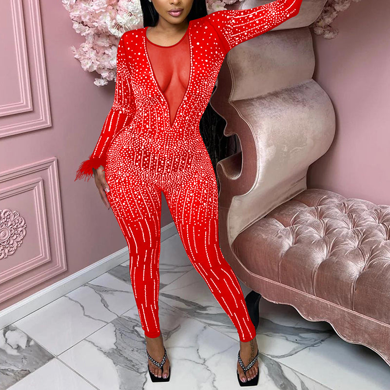 Women's Mesh Pressed Drill V-Neck Jumpsuit - Elegant Casual Romper for Summer Outfits, Beach Wear & Party Dresses | Breathable Comfort Fit for Daytime & Evening Occasions