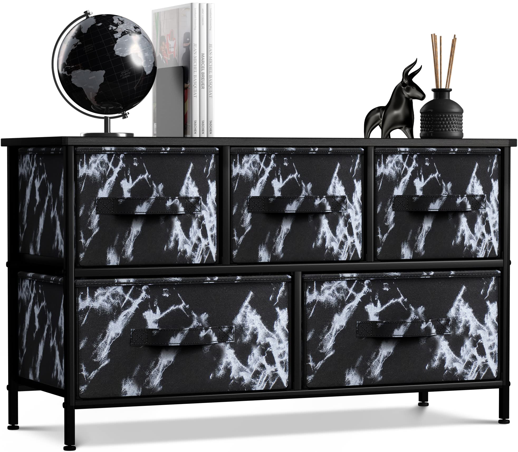 Sorbus 5-Drawer Dresser with Steel Frame & Wood Top - Fabric Bin Storage Organizer for Bedroom, Hallway, Closet & Office - Wide TV Stand with Easy Pull Drawers | Perfect for Small Space Organization & Home Decor