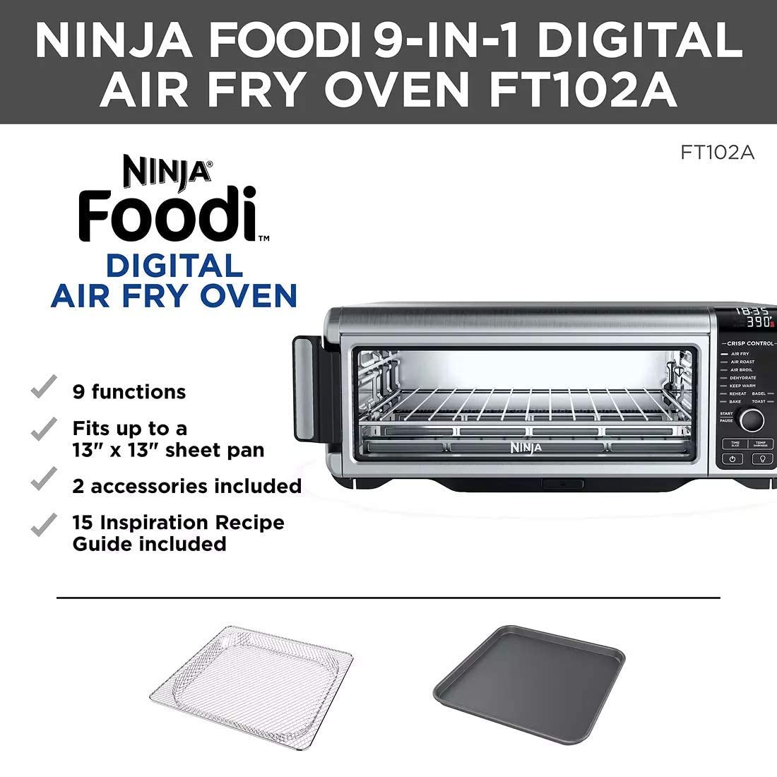 Ninja FT102CO Foodi 9-in-1 Digital Air Fry Oven - Stainless Steel (Renewed) | Air Fry, Roast, Broil, Bake, Toast, Dehydrate & Reheat | Perfect for Healthy Cooking, Meal Prep & Family Dinners