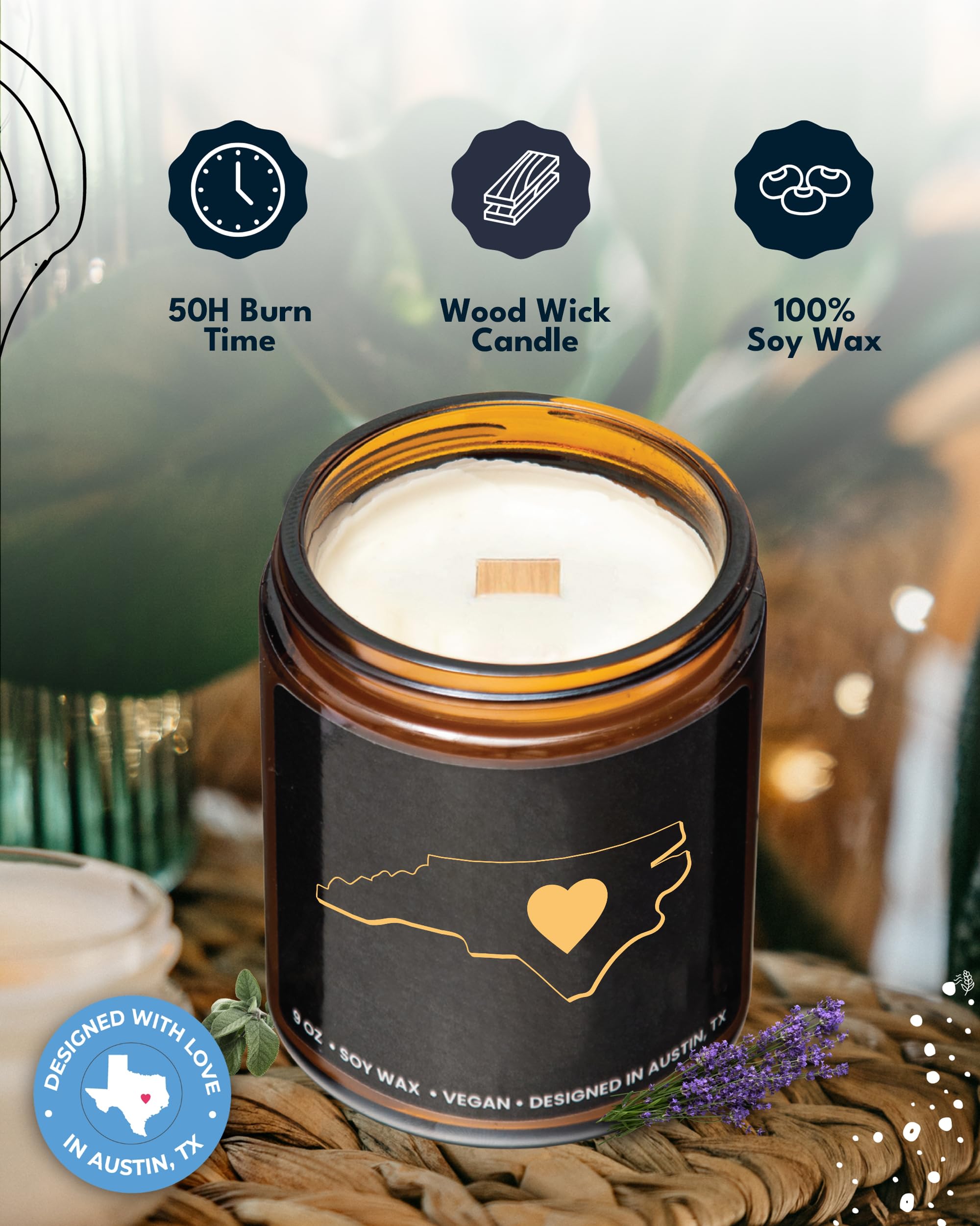North Carolina Scented Candle - Handmade Soy Wax Candle with NC State Theme - Perfect Gift for Women & Men - Ideal for Birthdays, Christmas, Graduation - Great Souvenir for Moving Away or Homesickness - Creates Cozy Atmosphere for Home, Office & Relaxation