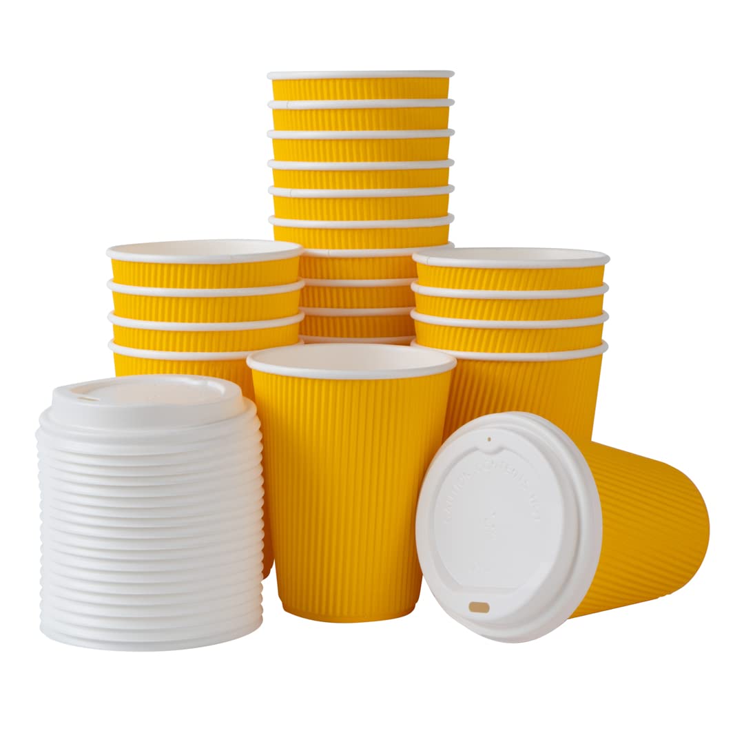 12oz Insulated Coffee Cups with Lids - 200 Pack Leakproof Disposable Hot Drink Cups for Restaurant, Cafe & Office | Yellow Ripple Wall Paper Cups for Coffee, Tea, Hot Chocolate & Lattes | BPA Free & Non-Slip Design