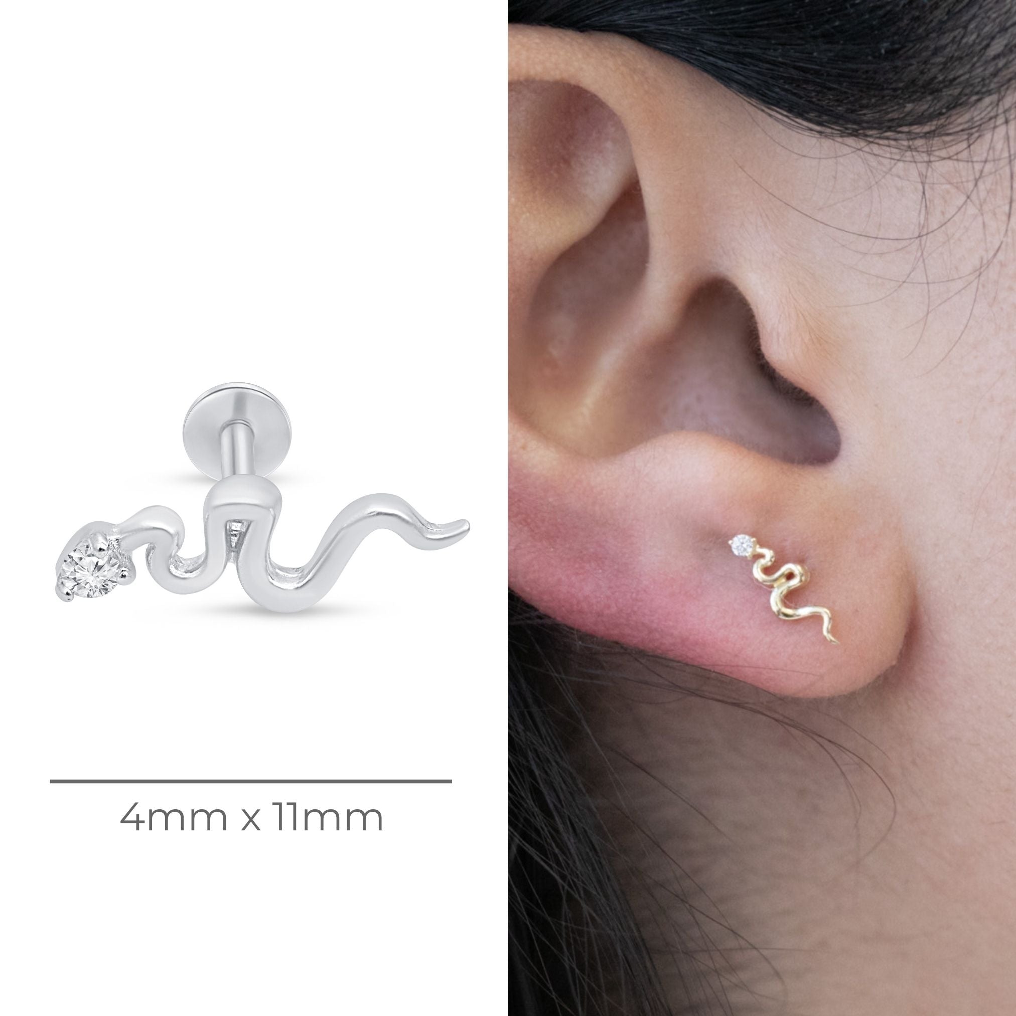 14k White Gold Snake Flat Back Stud Earrings with Genuine Stone - Perfect for Parties, Weddings & Everyday Elegance
