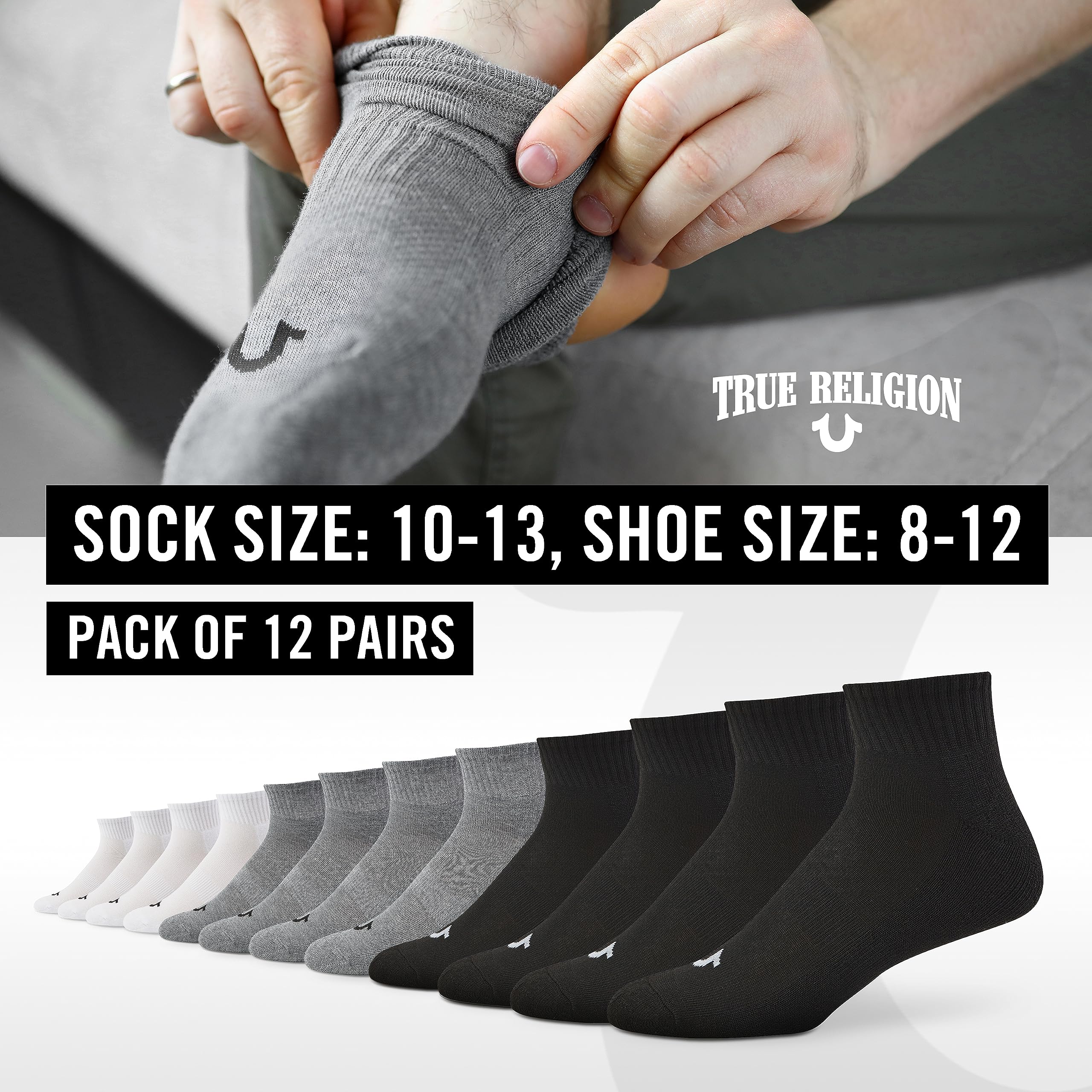 True Religion Men's Ankle Socks 6-Pack & 12-Pack - Premium Athletic Quarter Socks for Shoe Size 8-12 - Gym, Running, Basketball & Casual Wear