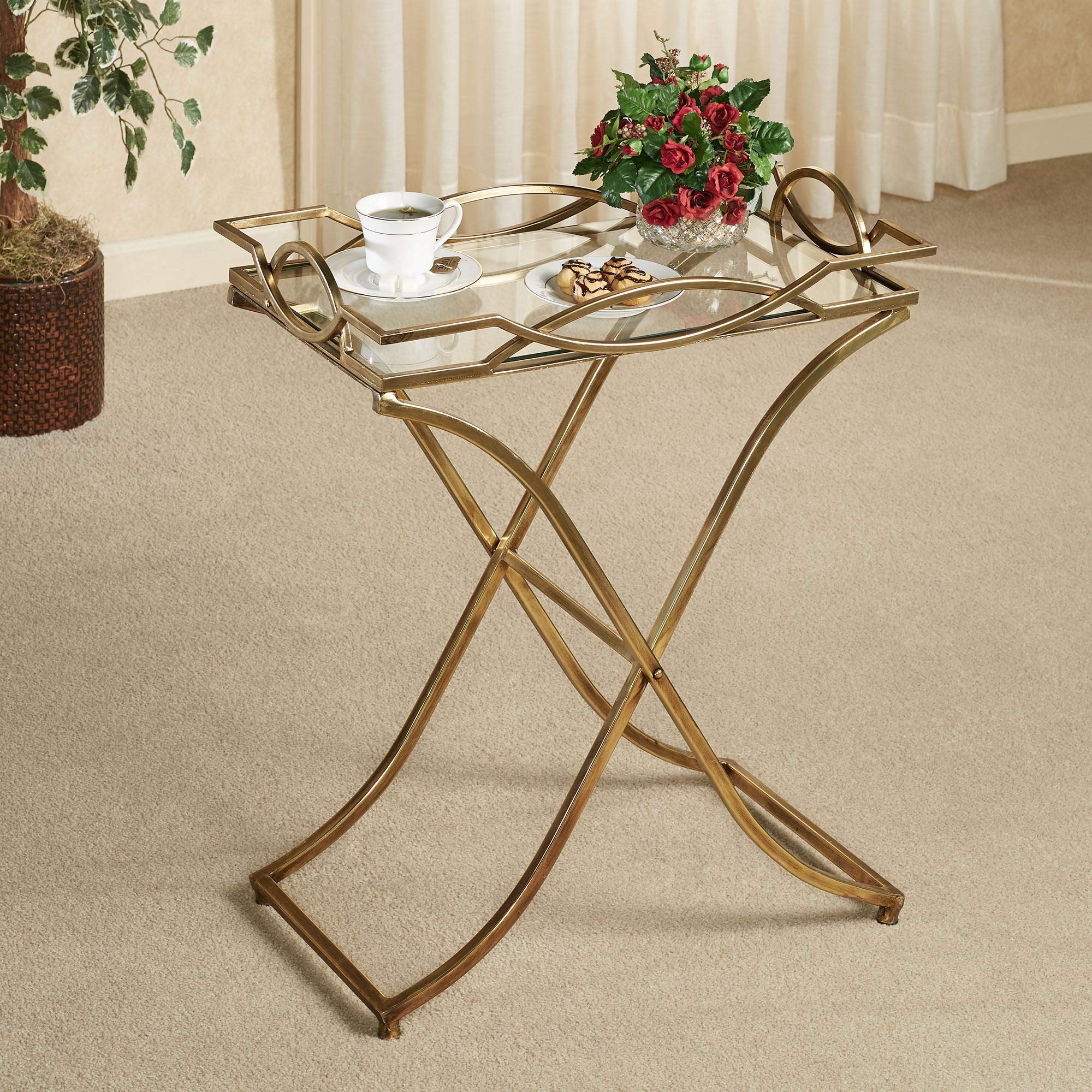 Touch of Class Henley Serving Tray Table - Metal & Glass Coffee Table with Aged Gold Finish - Elegant Functional Serving Furniture for Kitchen, Dining Room, Living Room, Bar, Hallway, Foyer, Man Cave, Restaurant | Perfect for Entertaining Guests, Displaying Decor, or as a Stylish Side Table