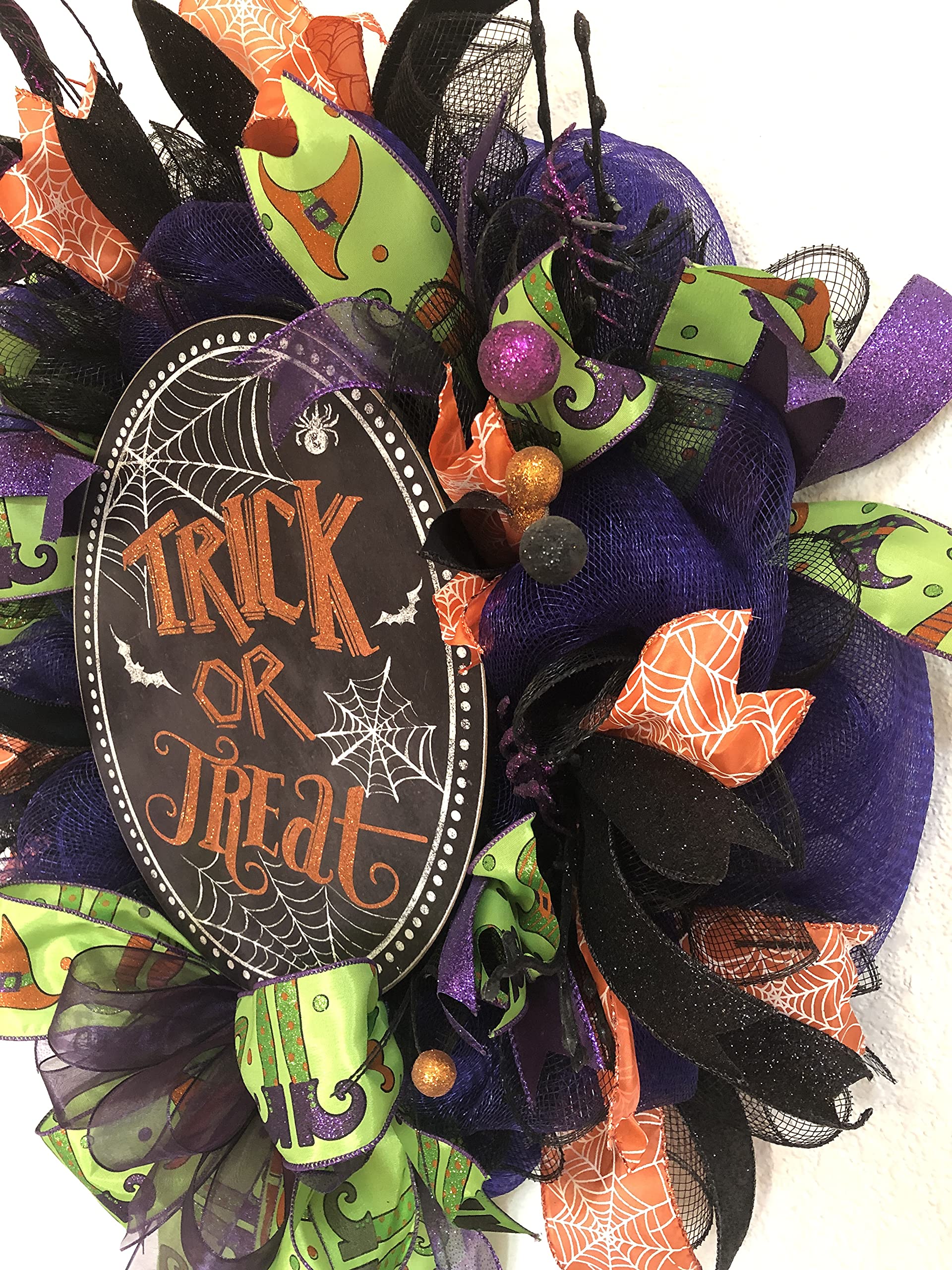 Halloween Wreath - Handmade Trick or Treat Deco Mesh Wreath for Front Door Decor, Halloween Party & Home Decoration