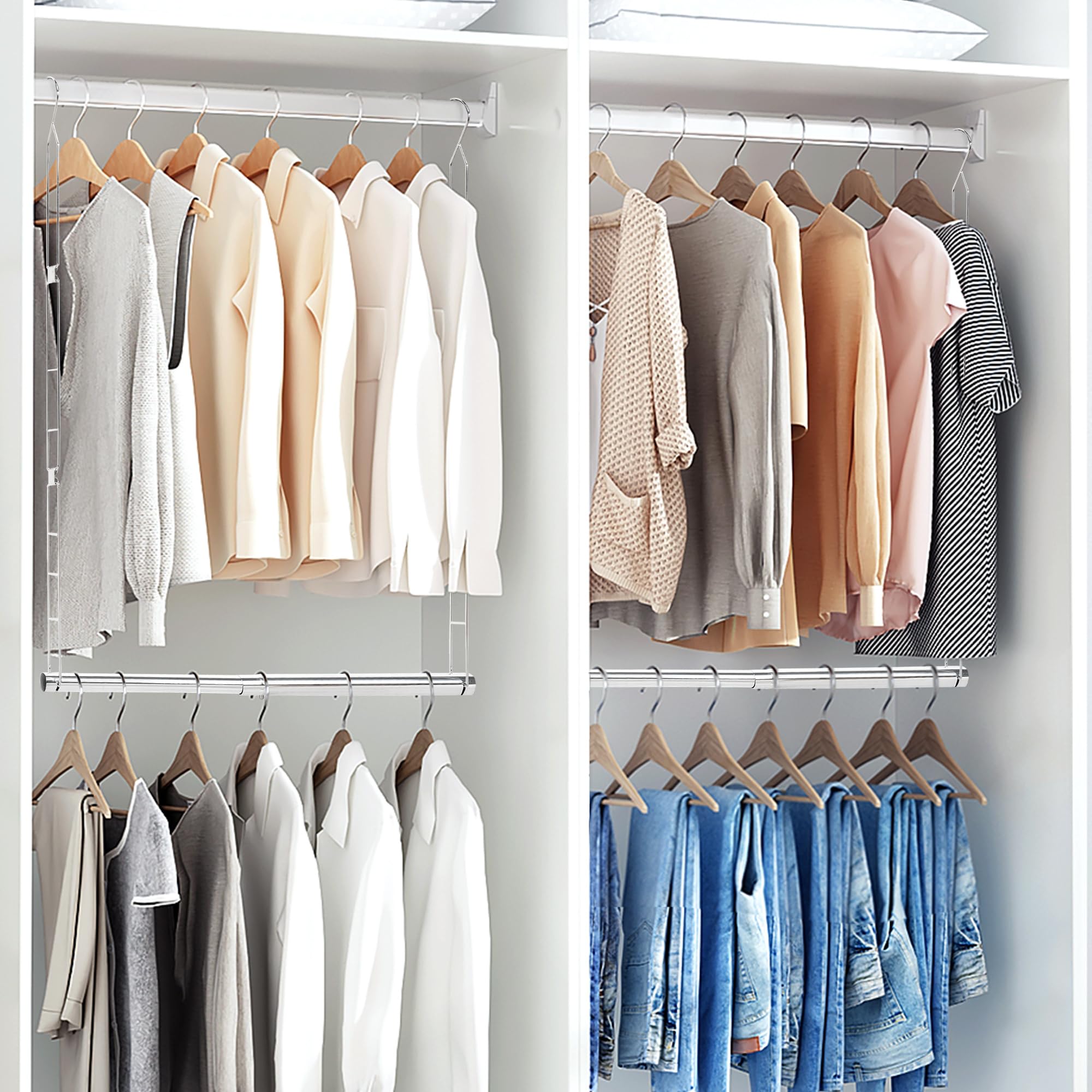 Adjustable Hanging Closet Rod Organizer - Space Saving Closet Extender with Chrome Finish for Bedroom, Closet or Dorm Organization (1 Pack) - Perfect for Maximizing Storage in Small Spaces