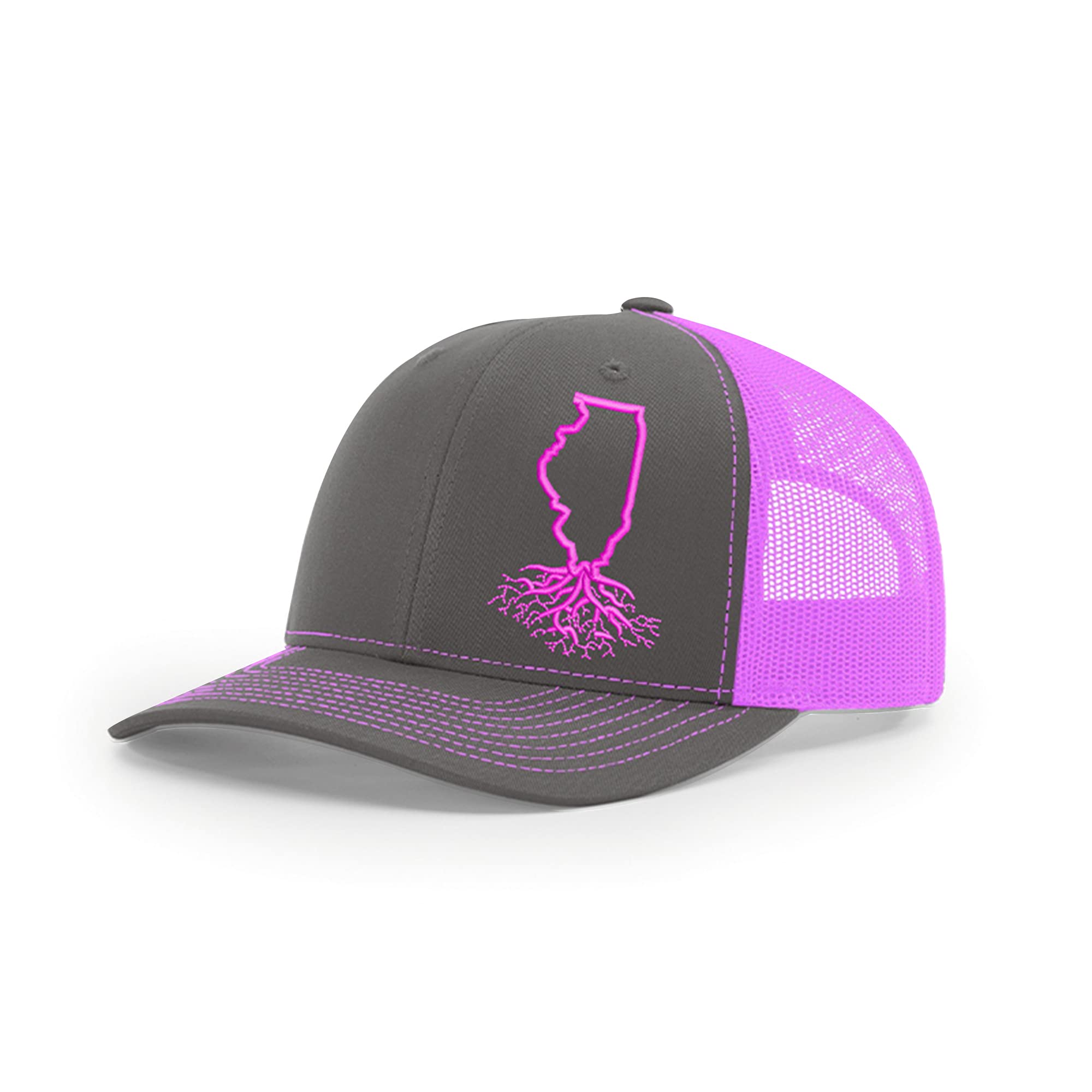 Illinois Roots Snapback Hat - Stylish Polyester Cotton Baseball Cap for Men & Women - Breathable Mesh Back Trucker Hat - Universal Size (Charcoal & Pink) - Perfect for Casual Wear, Outdoor Activities & Sports
