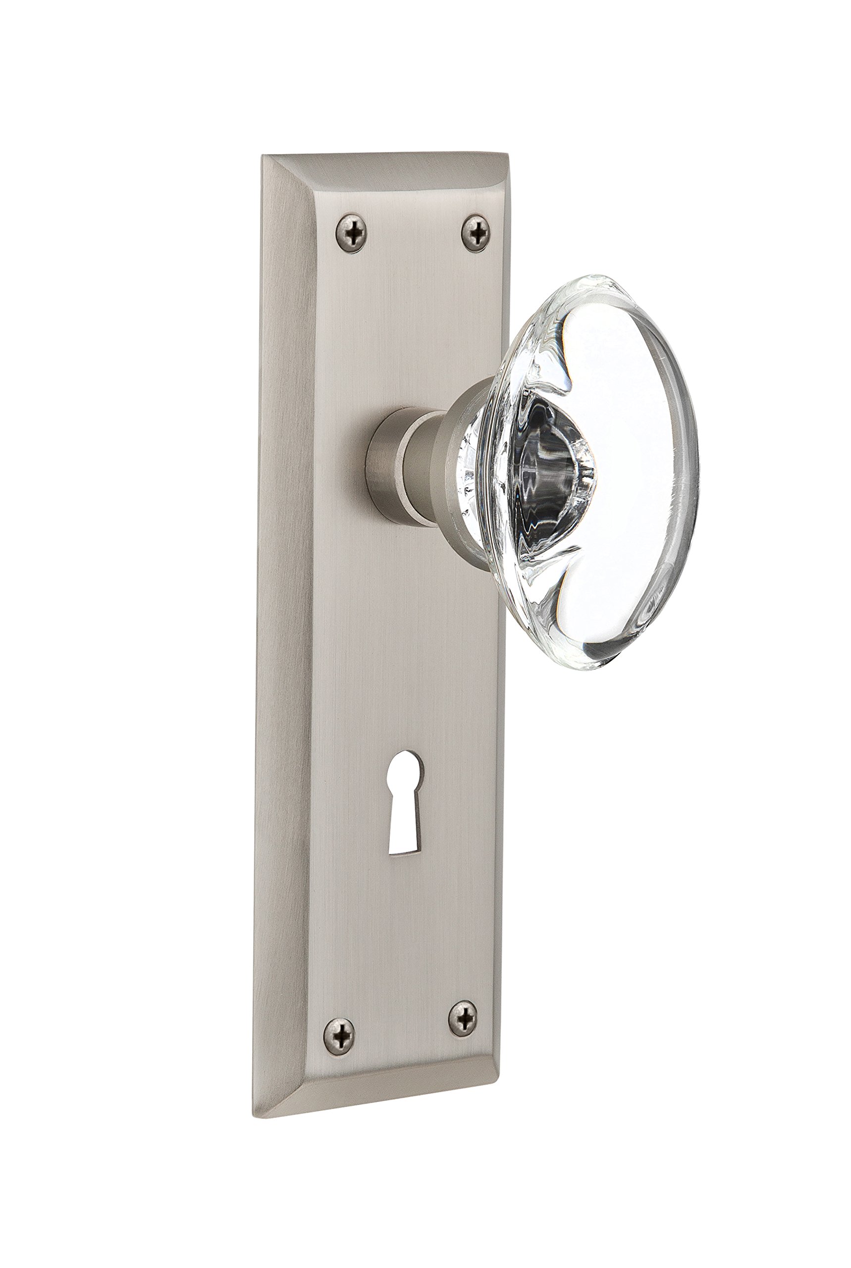 Nostalgic Warehouse 711592 Double Dummy Satin Nickel New York Plate with Keyhole Oval Clear Crystal Glass Knob - Vintage Cabinet Hardware for Home Decor & Furniture Restoration