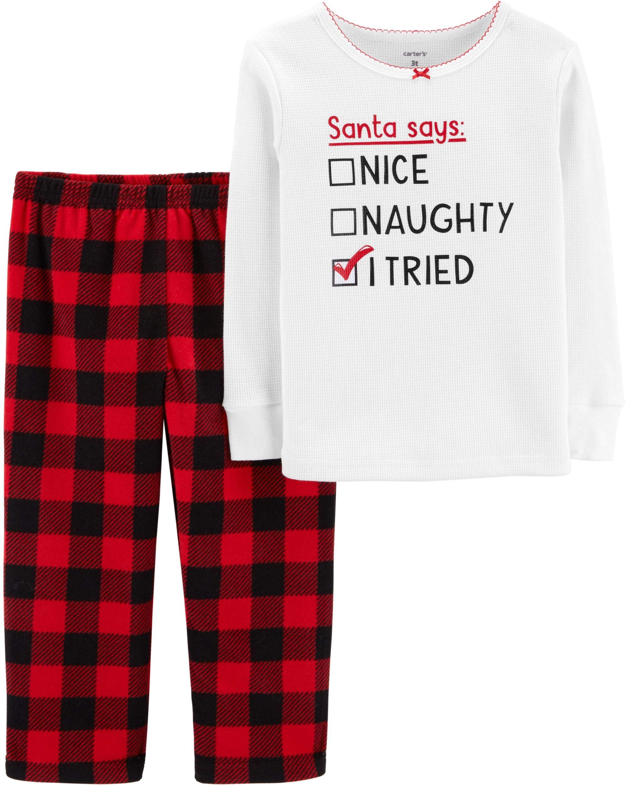 Carters Infant Girls Naughty Nice Thermal Top & Fleece Pants Christmas Pajama Set - Cozy Holiday Sleepwear for Baby Girls, Perfect for Christmas Morning & Winter Family Photos