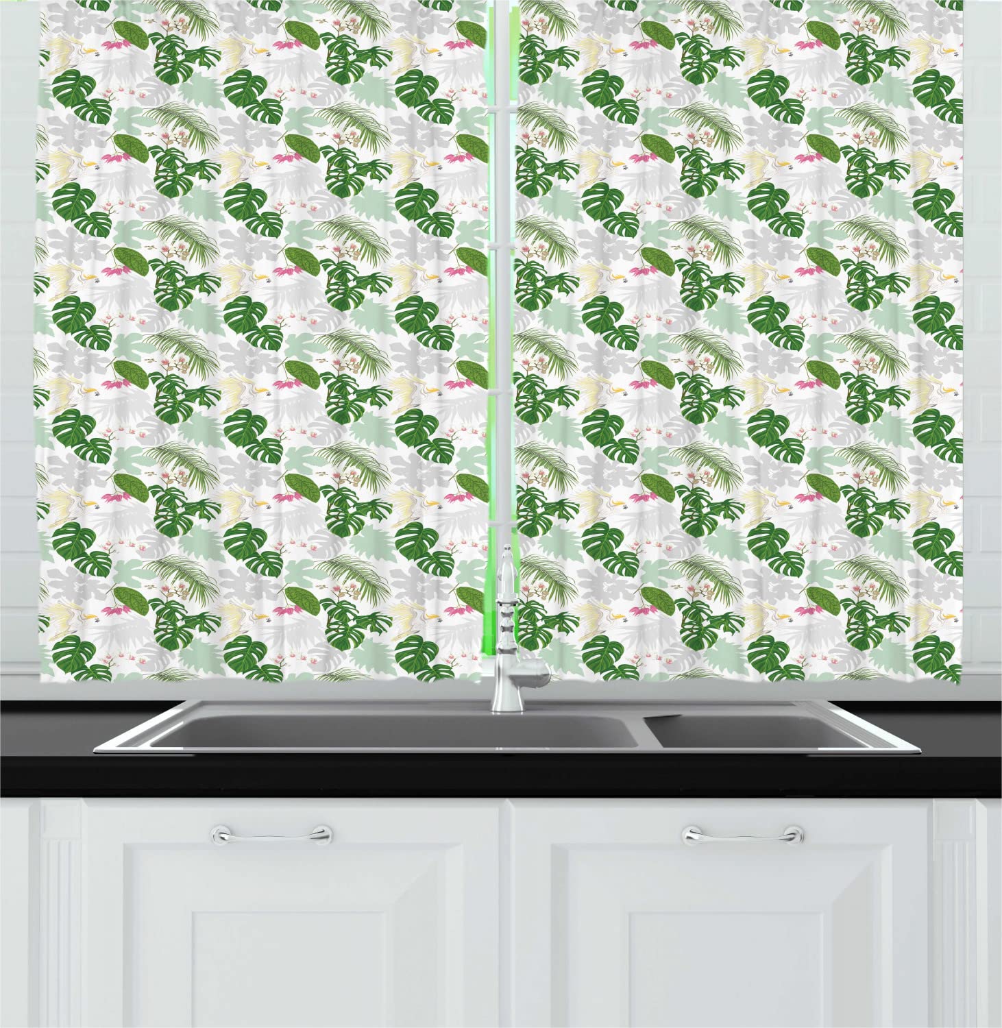 Ambesonne Tropical Long Kitchen Curtains - Exotic Birds & Jungle Parrots Design with Monstera Leaves, 2 Panel Rod Pocket Drapes 55x45 Inches, Green Dust White - Perfect for Windows, Patio Doors & Home Decor