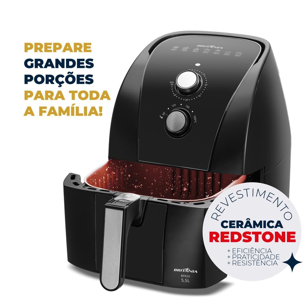 Britânia 5.5L 1500W Air Fryer (BFR50 Redstone) - Large Capacity, 220V, Healthy Oil-Free Cooking - Perfect for Family Meals, Snacks & Crispy Fried Foods