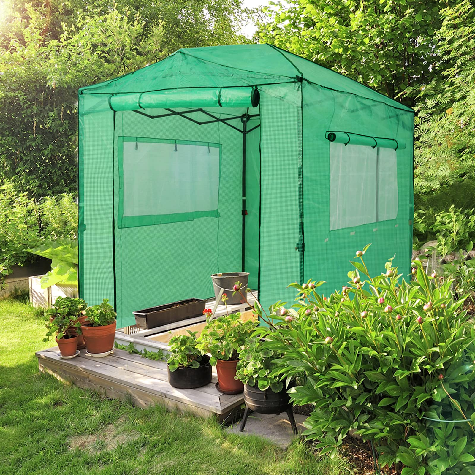 EAGLE PEAK 8x6 Portable Walk-in Pop up Greenhouse Replacement Cover - Front & Rear Roll-Up Zipper Doors with 2 Large Side Windows (Frame Not Included) - Green | Perfect for Gardening, Plant Protection & Outdoor Growing