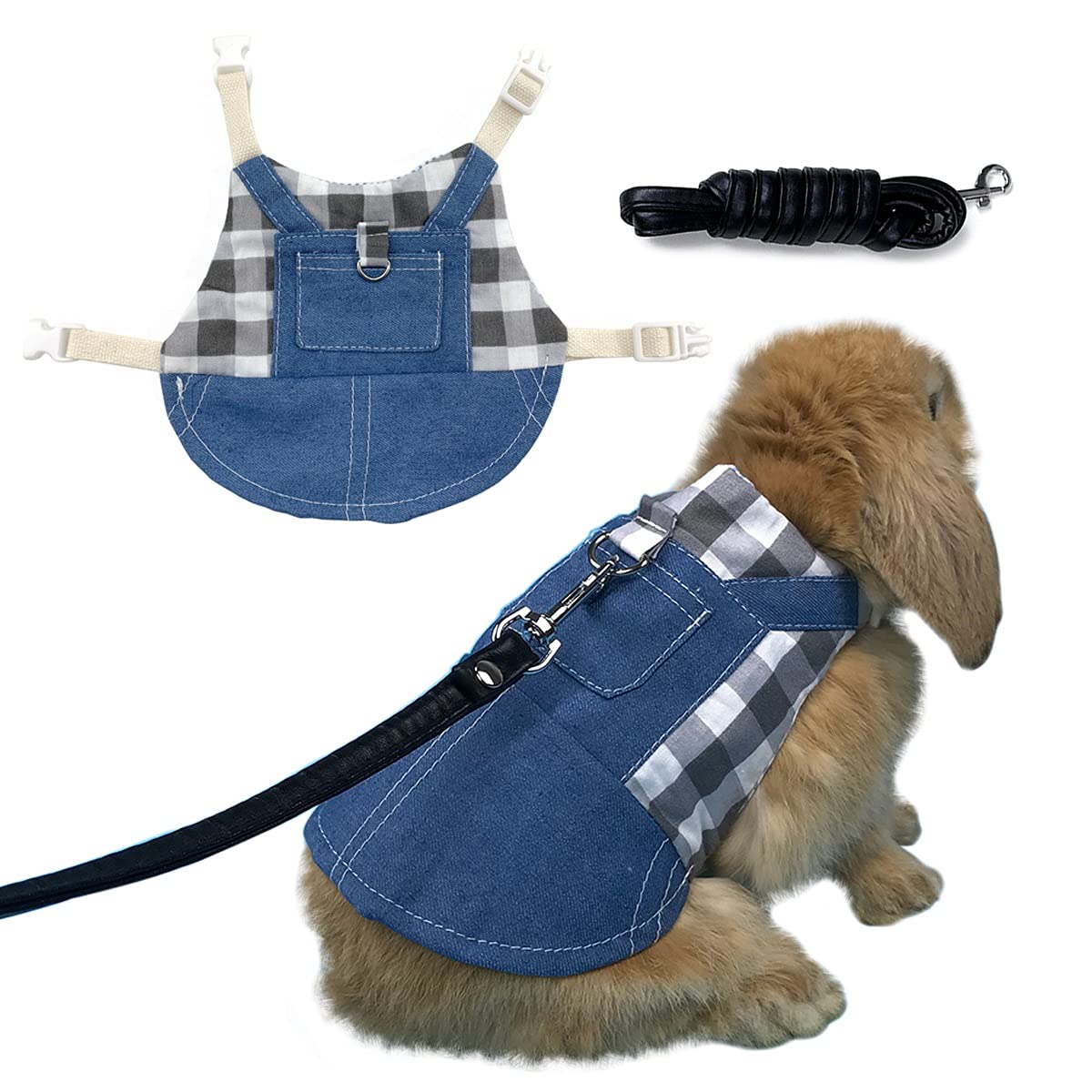 Vehomy Small Animal Harness and Leash Set - Adjustable Rabbit Harness, Guinea Pig Leash & Bunny Plaid Outfit for Chihuahua, Kitten & Other Pets - Perfect for Outdoor Walks, Pet Photos & Costume Parties (Blue Denim & Black/White Plaid)