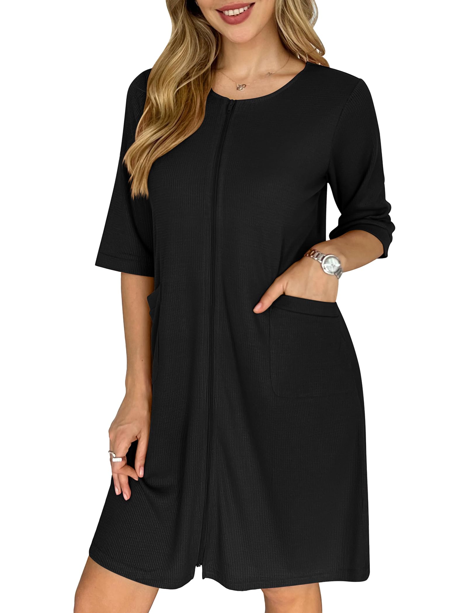 Ekouaer Women's Lightweight Waffle Zip Up Bathrobe - Knee Length Short Housecoat with Pockets, Nightgown for Spa, Lounge & Home Wear (Sizes S-3XL) | Perfect for Relaxing, Bathing & Morning Coffee
