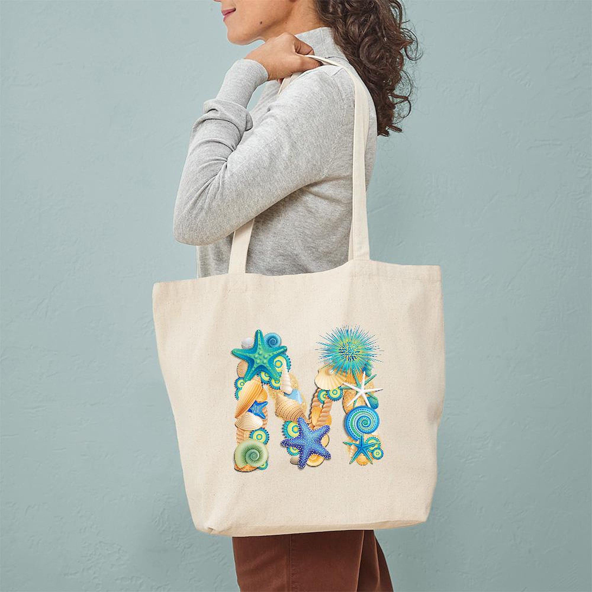 Personalized Initial M Beach Tote Bag - Natural Canvas Reusable Shopping Bag for Beach Trips, Groceries & Everyday Use