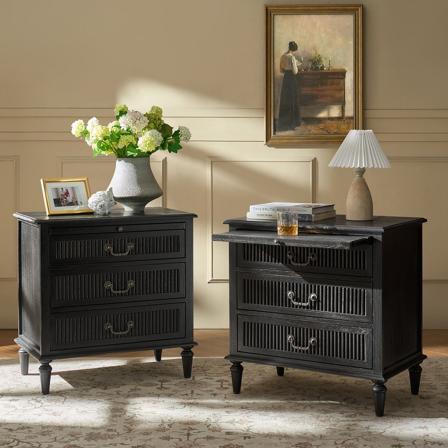 Farmhouse Solid Wood Nightstand with Fluted Drawer - Rustic Bedside Table with Optional Storage Drawer - Perfect for Bedroom, Guest Room, or Cabin Decor