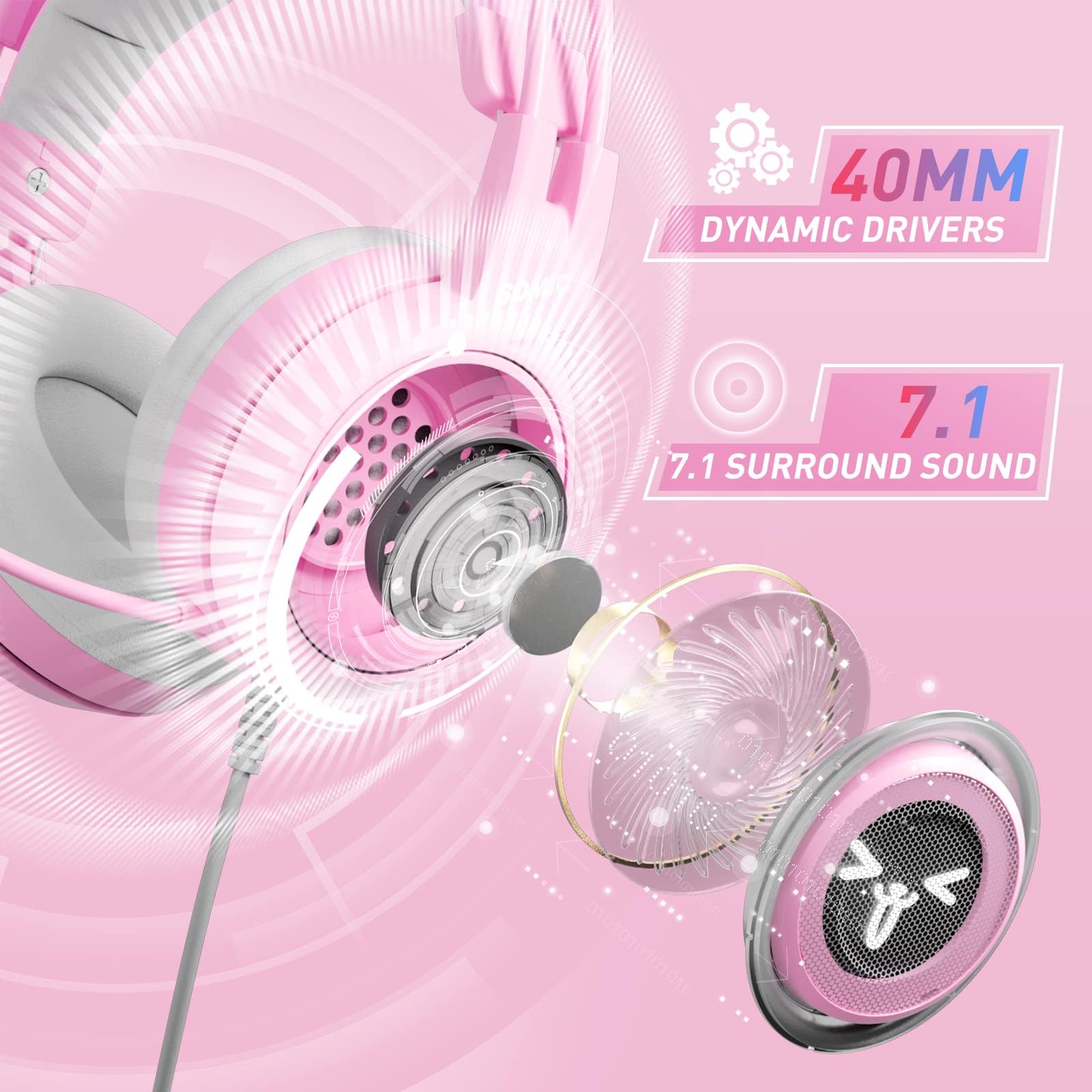 SOMIC G951 Pink Cat Ear Gaming Headset with Mic - USB Noise Cancelling Headphones, 7.1 Virtual Surround Sound, LED Lights for PC, PS4, PS5, Laptop - Perfect for Girls & Women Gamers (Ideal for Streaming, Online Gaming & Voice Chat)