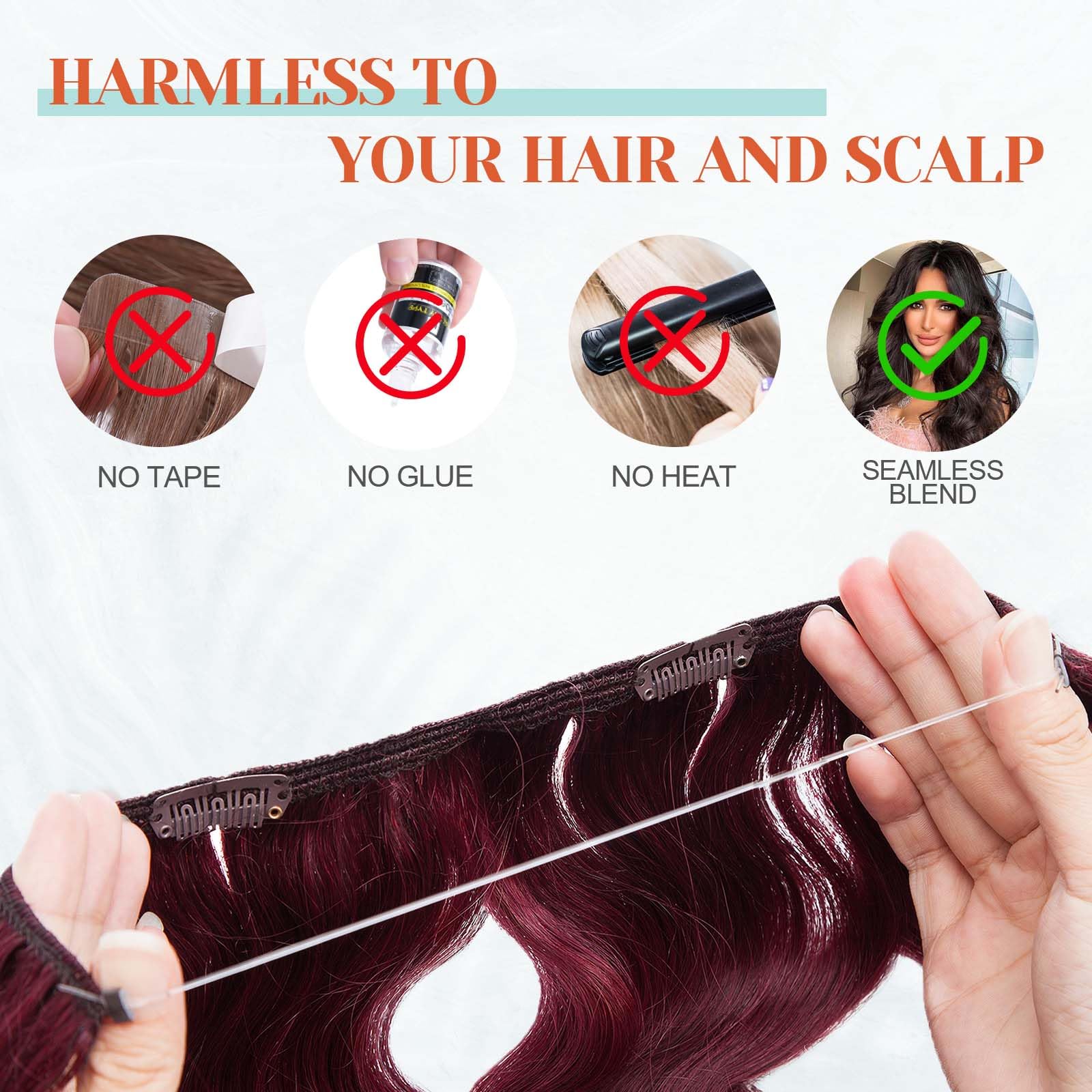 Benehair Halo Hair Extensions 100% Real Human Hair - Wavy & Curly Halo Extensions, 20inch Wine Red (70g) - Perfect for Weddings, Parties & Daily Styling