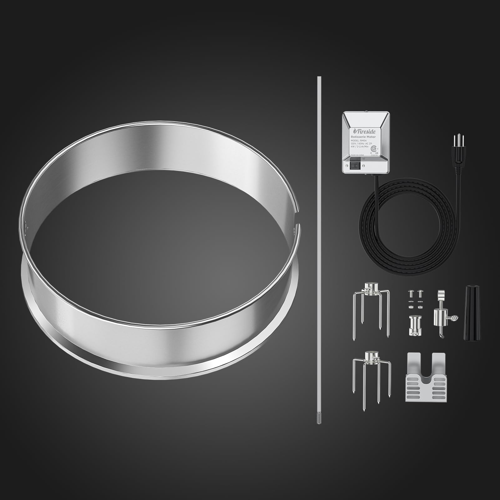 TURBRO Stainless Steel Rotisserie Ring Kit for 22-Inch Charcoal Kettle Grill - Includes 4W Electric Motor, 5/16