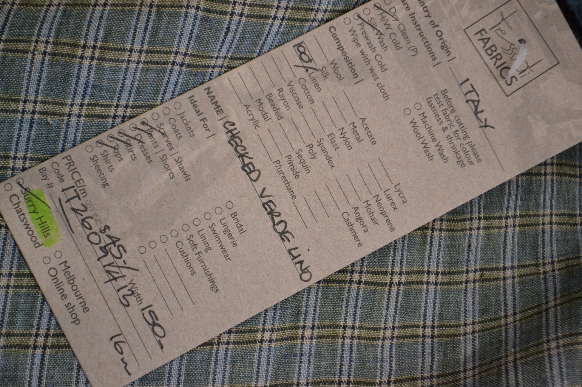 Checked Green Linen Fabric - Eco-Friendly & Durable for Upholstery, Curtains & DIY Home Decor Projects