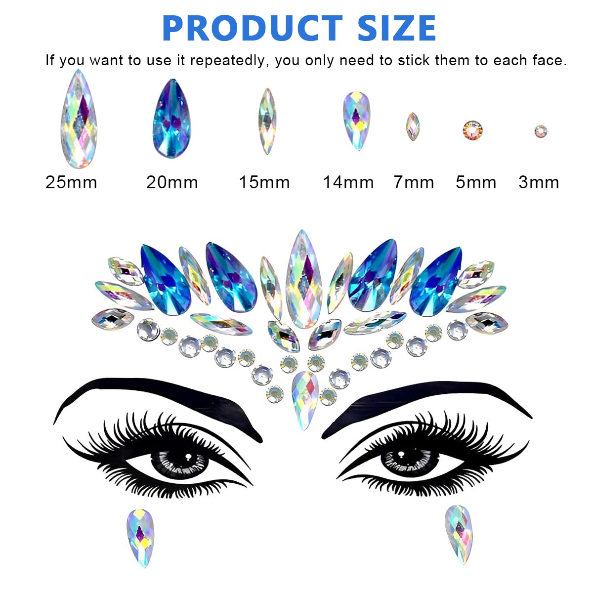 MAYCREATE® Rhinestone Face Gems - Self-Adhesive Face Jewelry Stickers for Women & Girls | Mermaid Tears Crystal Makeup Decor for Parties, Festivals, Raves & Cosplay (Blue) - Perfect for Halloween, Music Festivals and Special Events