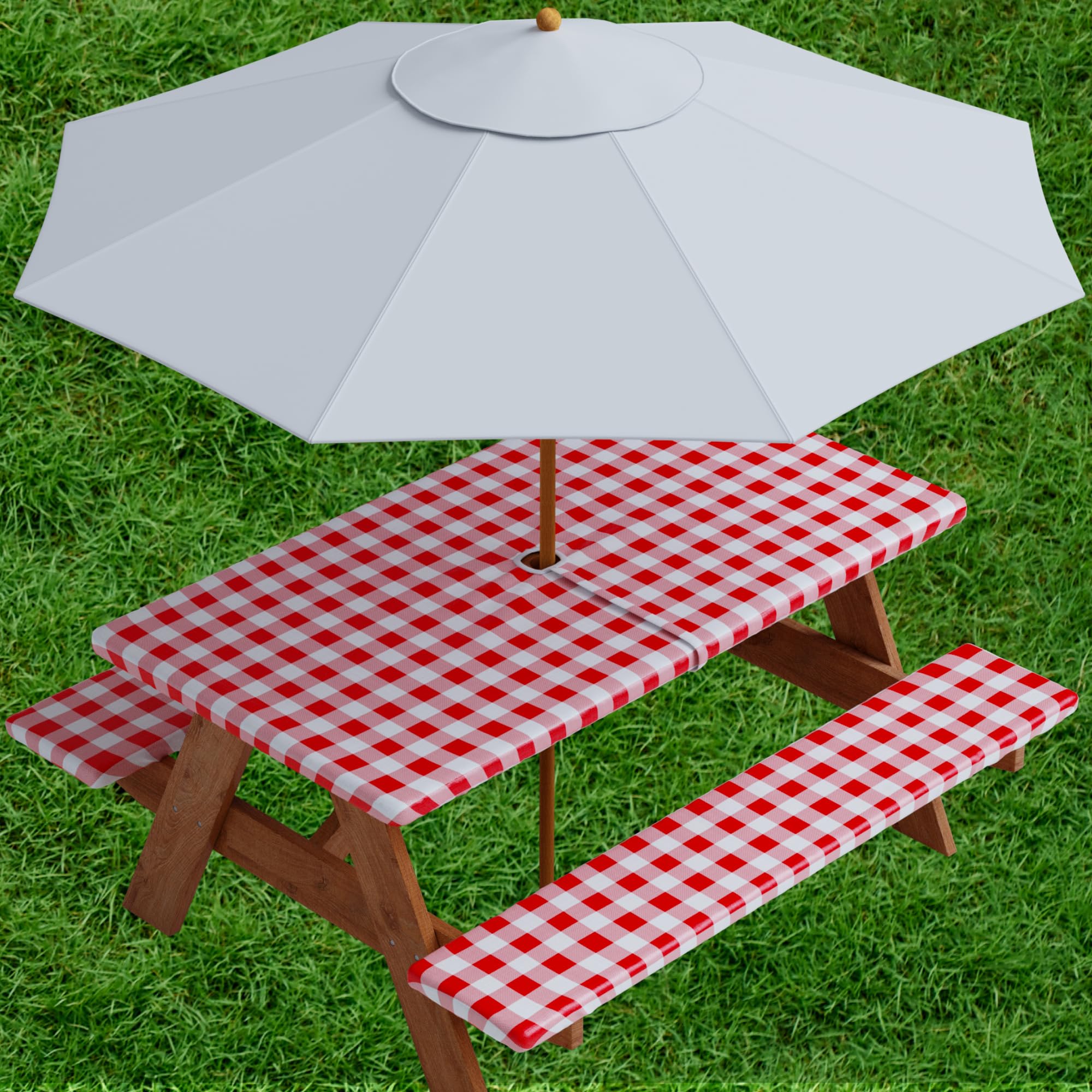 Sorfey 30x72 Inch Vinyl Umbrella Picnic Table and Bench Set with Checkered Flannel-Backed Tablecloth Cover - 3-Piece Outdoor Dining Set for Patio, Backyard, Camping (Red)