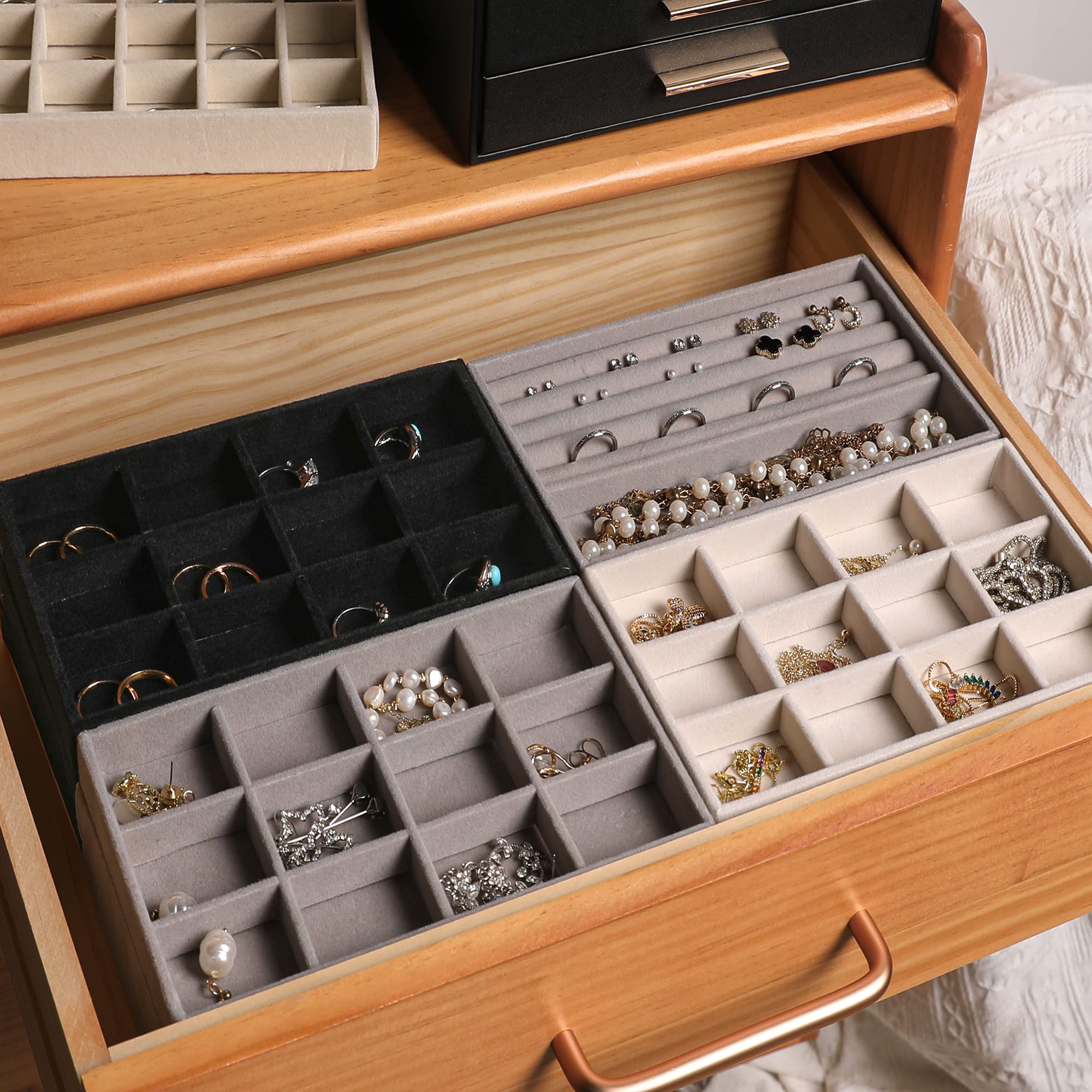 Frebeauty Stackable Velvet Jewelry Organizer Tray Set - 9-Piece Black Drawer Inserts for Earrings, Rings, Necklaces & Studs | Women's Jewelry Storage & Display Solution for Bedroom, Dresser & Travel