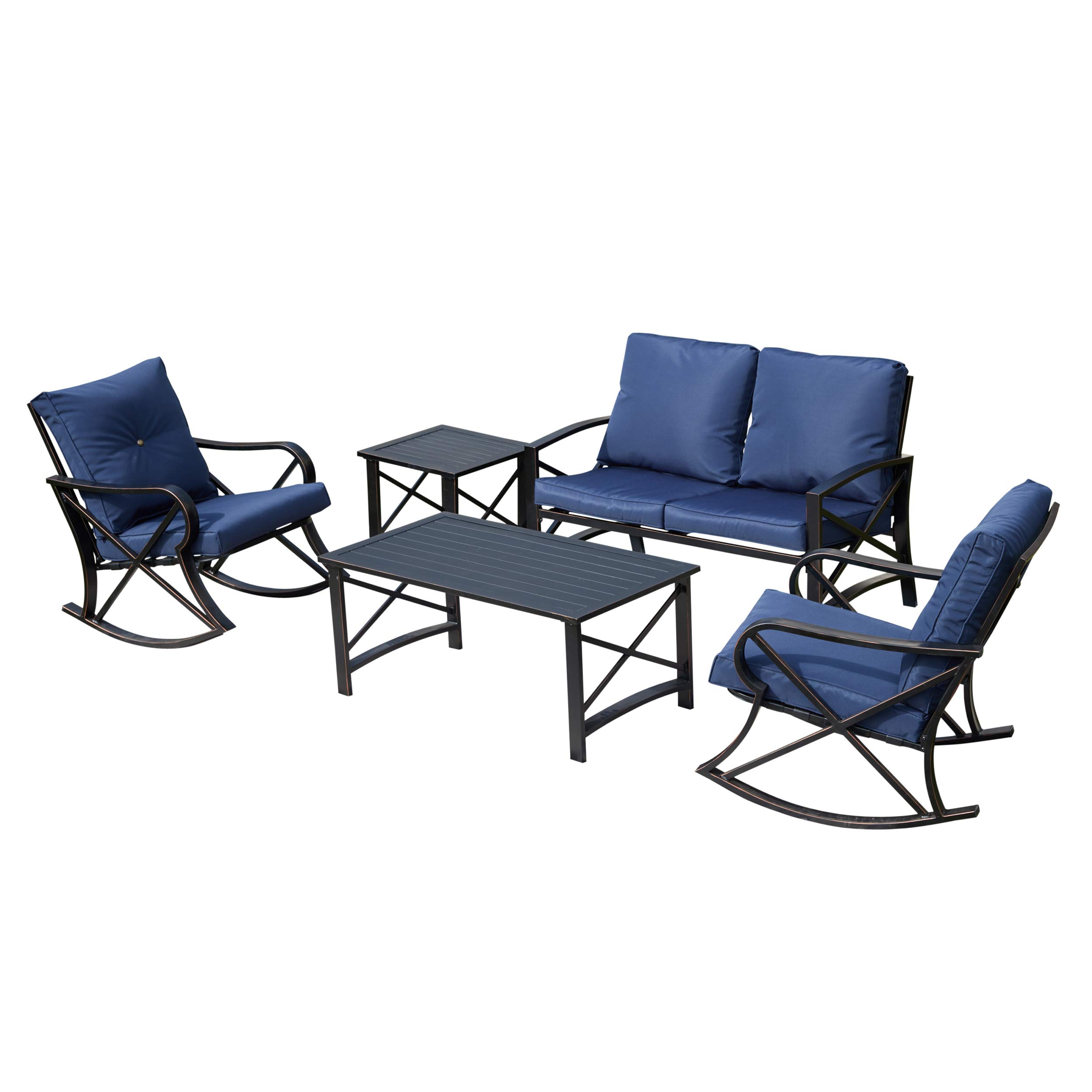 LOKATSE HOME 5-Piece Outdoor Patio Furniture Set - Deep Seating Metal Conversation Set with Loveseat, 2 Rocking Chairs & 2 Coffee Tables in Blue | Perfect for Backyard, Garden, Deck or Poolside Relaxation