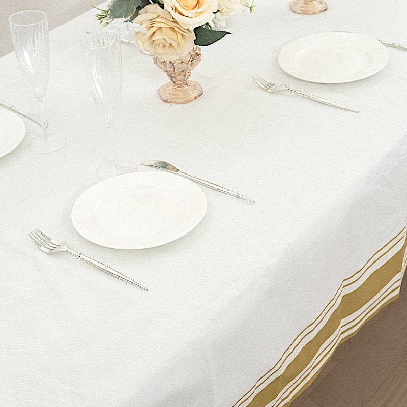 50-Pack Premium White Airlaid Paper Tablecloths with Elegant Gold Striped Border - 108