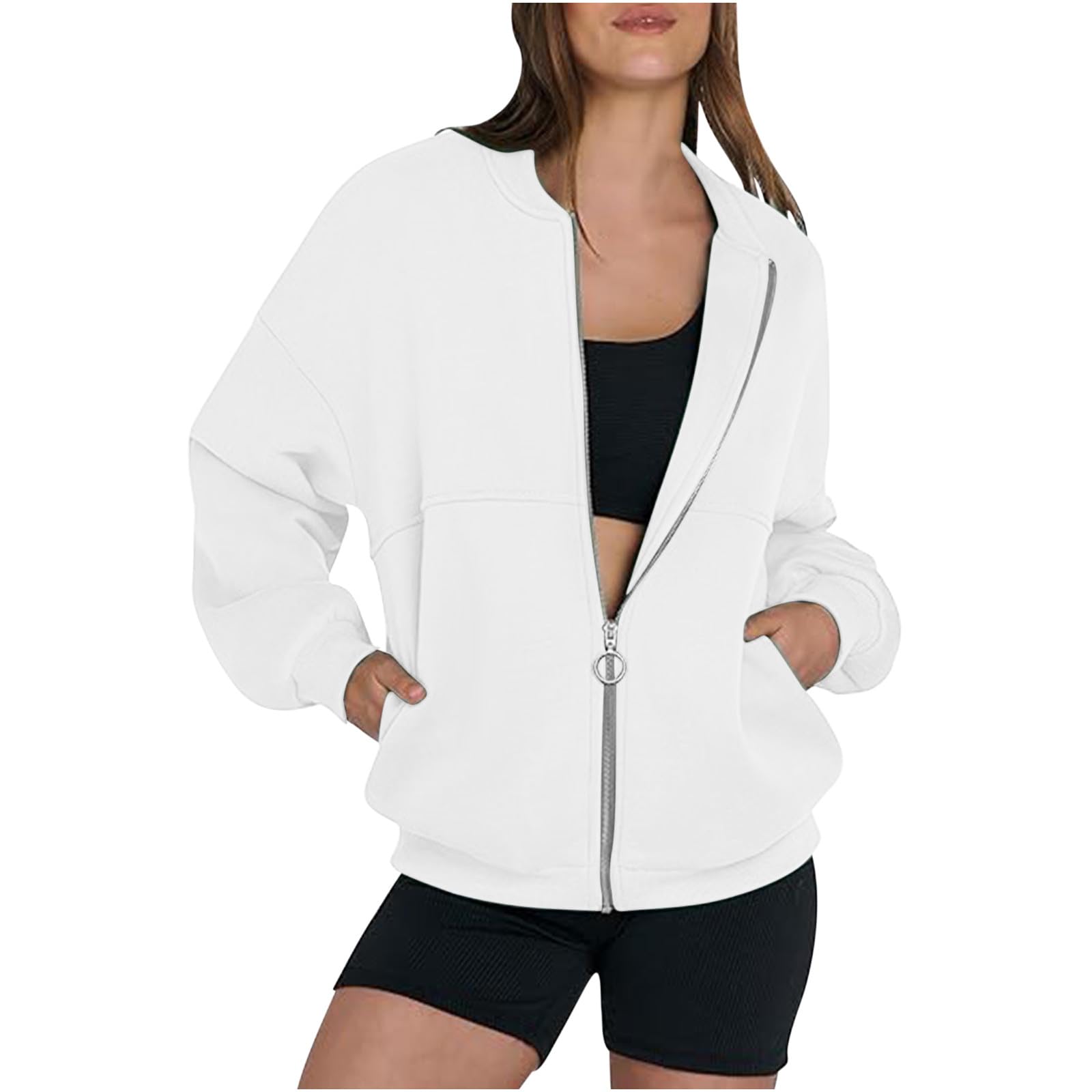 2024 Akklian Women's Oversized Zip Up Sweatshirt Jacket - Long Sleeve Casual Loose Outwear with Pockets, No Hood, Perfect for Daily Wear, Work, and Weekend Outings