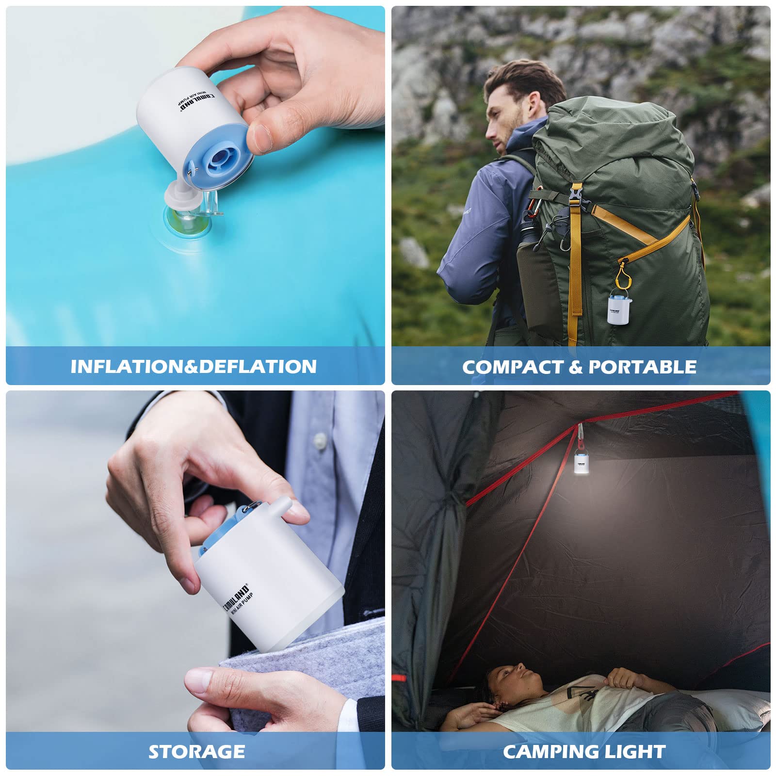 CAMULAND Mini Air Pump - Portable USB Rechargeable Inflator with 1300mAh Battery & 5 Nozzles - for Air Mattress, Pool Floats, Vacuum Storage Bags - Perfect for Camping, Travel, and Home Storage Organization