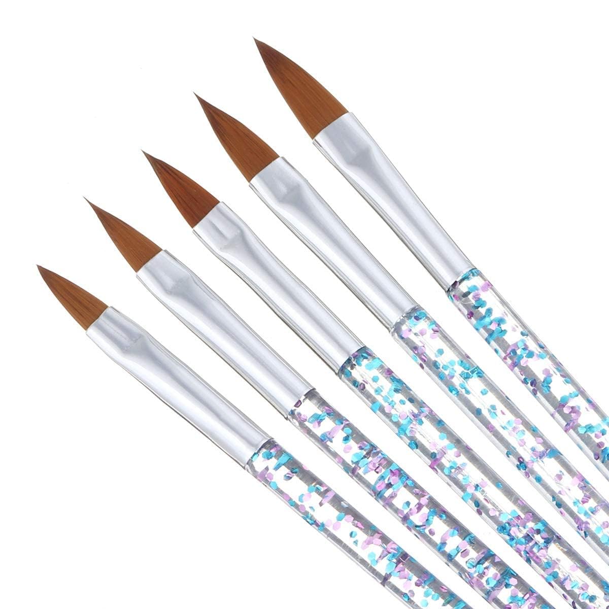 5-Piece Nail Art Brush Set for Acrylic & UV Gel - Crystal Handle Nylon Hair Professional Nail Painting, Glitter Drawing & Flower Carving Tools - Perfect for Salon, Home Manicure & DIY Nail Designs