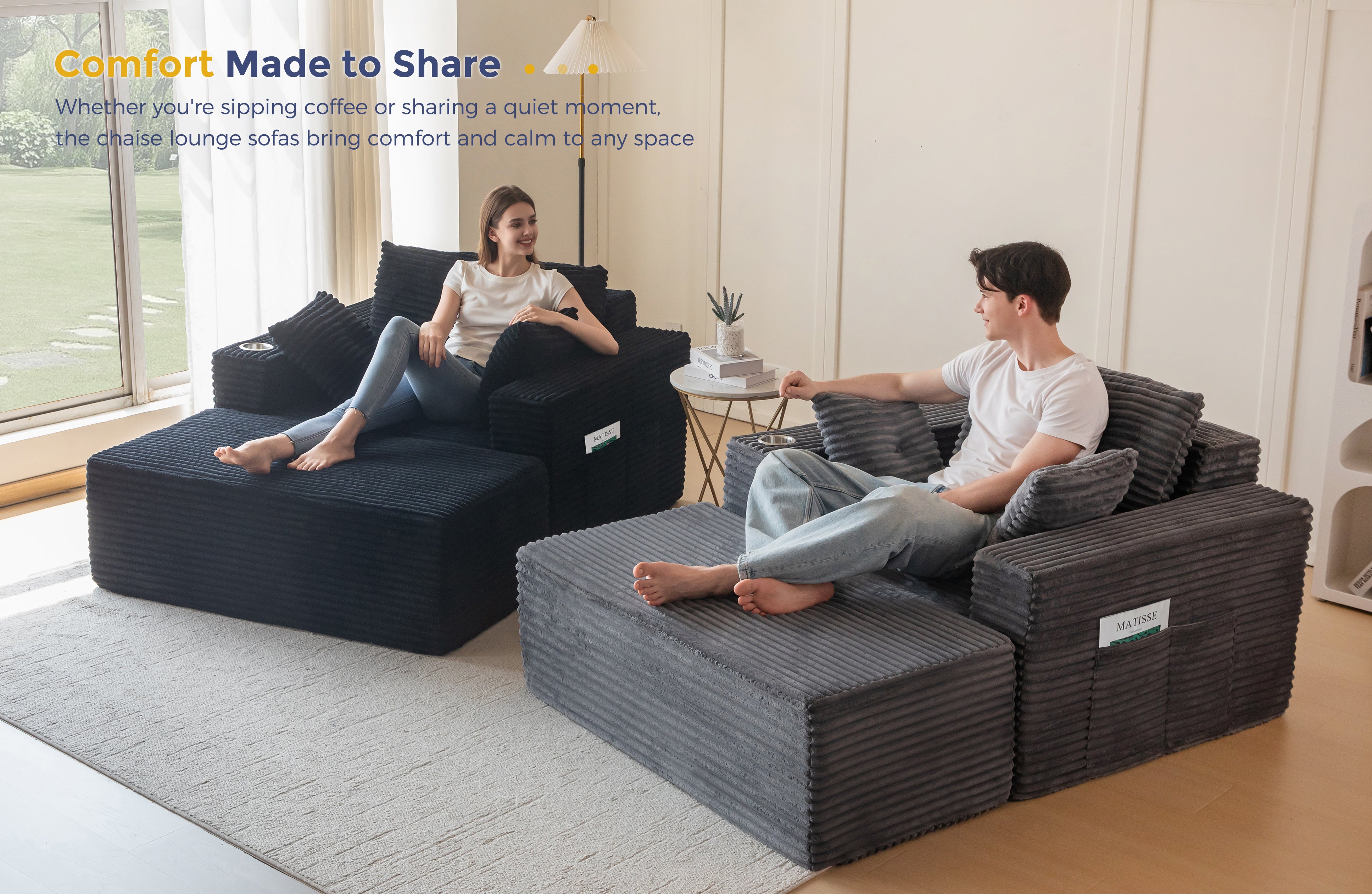 MAXYOYO Oversized Chaise Lounge Sofa - Modern Upholstered Lounge Chair with 3 Pillows & Ottoman | Deep Seat Boneless Sofa Couch for Living Room, Bedroom & Office | No Assembly Required (Black) | Perfect for Relaxing, Reading & Napping